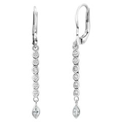 Marquise Shaped Diamond and Diamond Line Drop Gold Lever Back Earrings