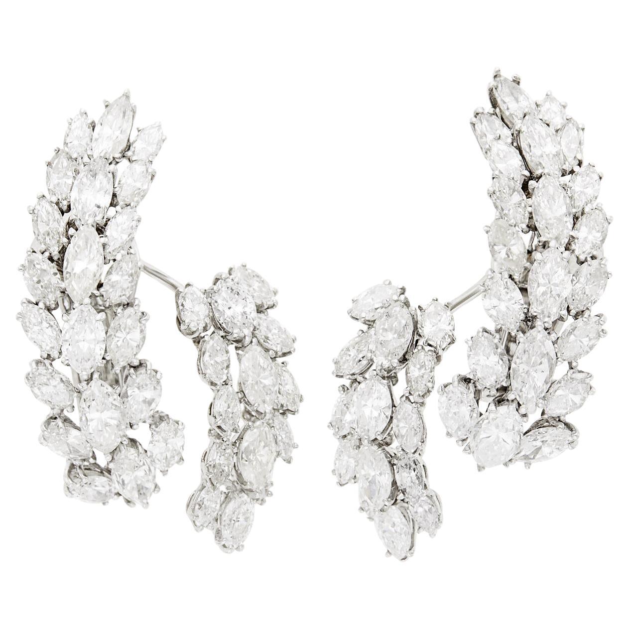 Marquise-Shaped Diamond and Platinum Cluster Earrings
