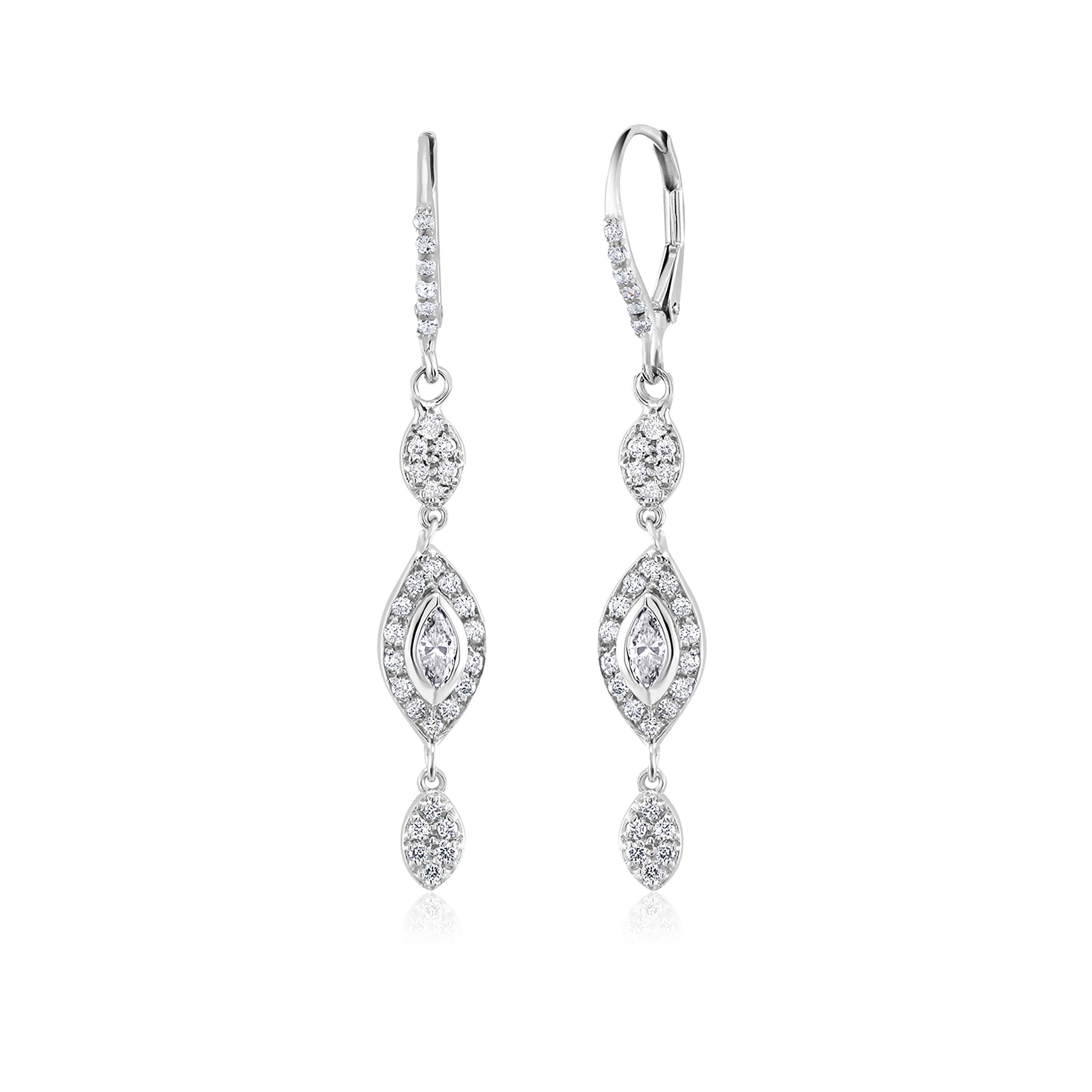 Marquise Cut Marquise Shaped Diamond Lever Back White Gold Hoop Earrings
