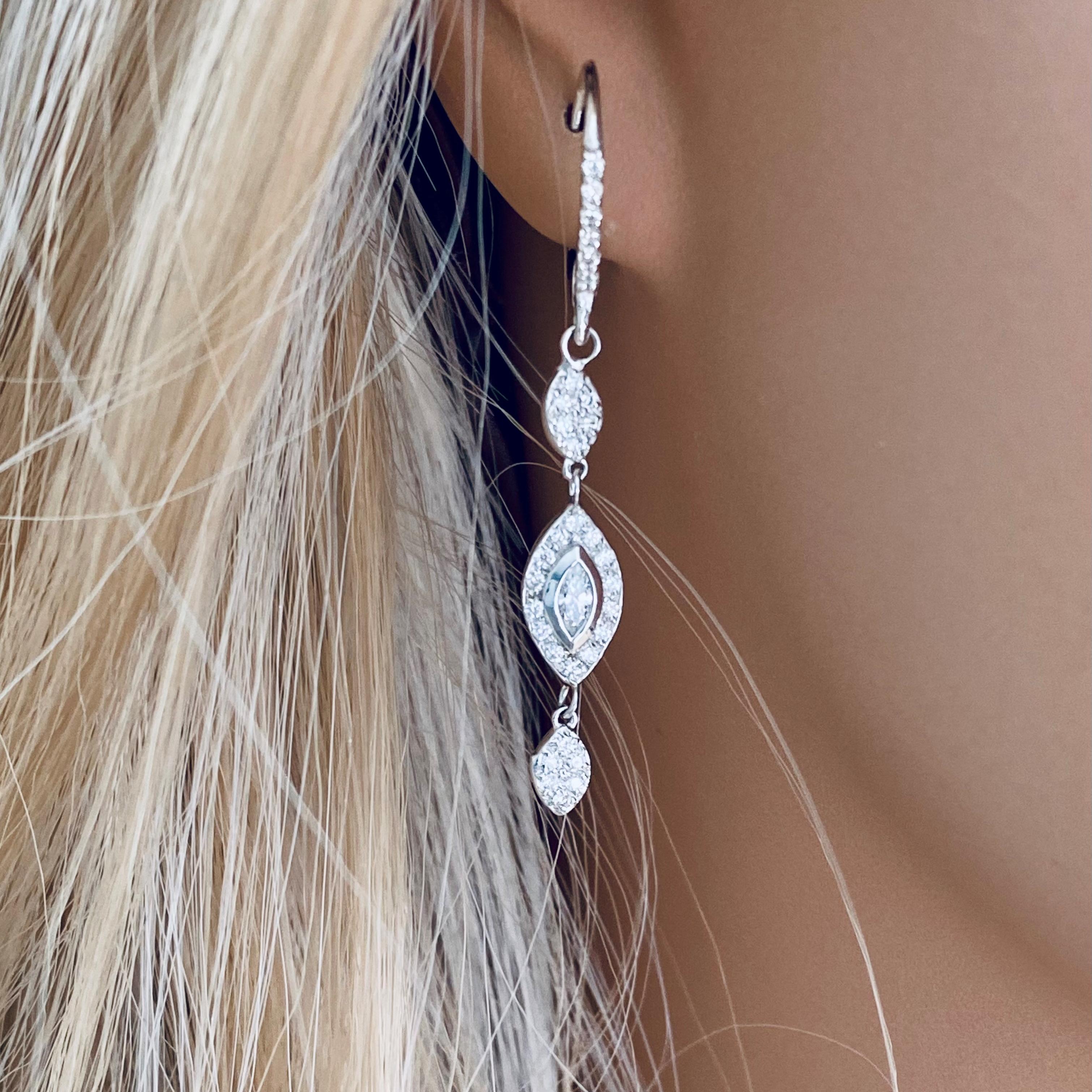 Marquise Shaped Diamond Lever Back White Gold Hoop Earrings 1