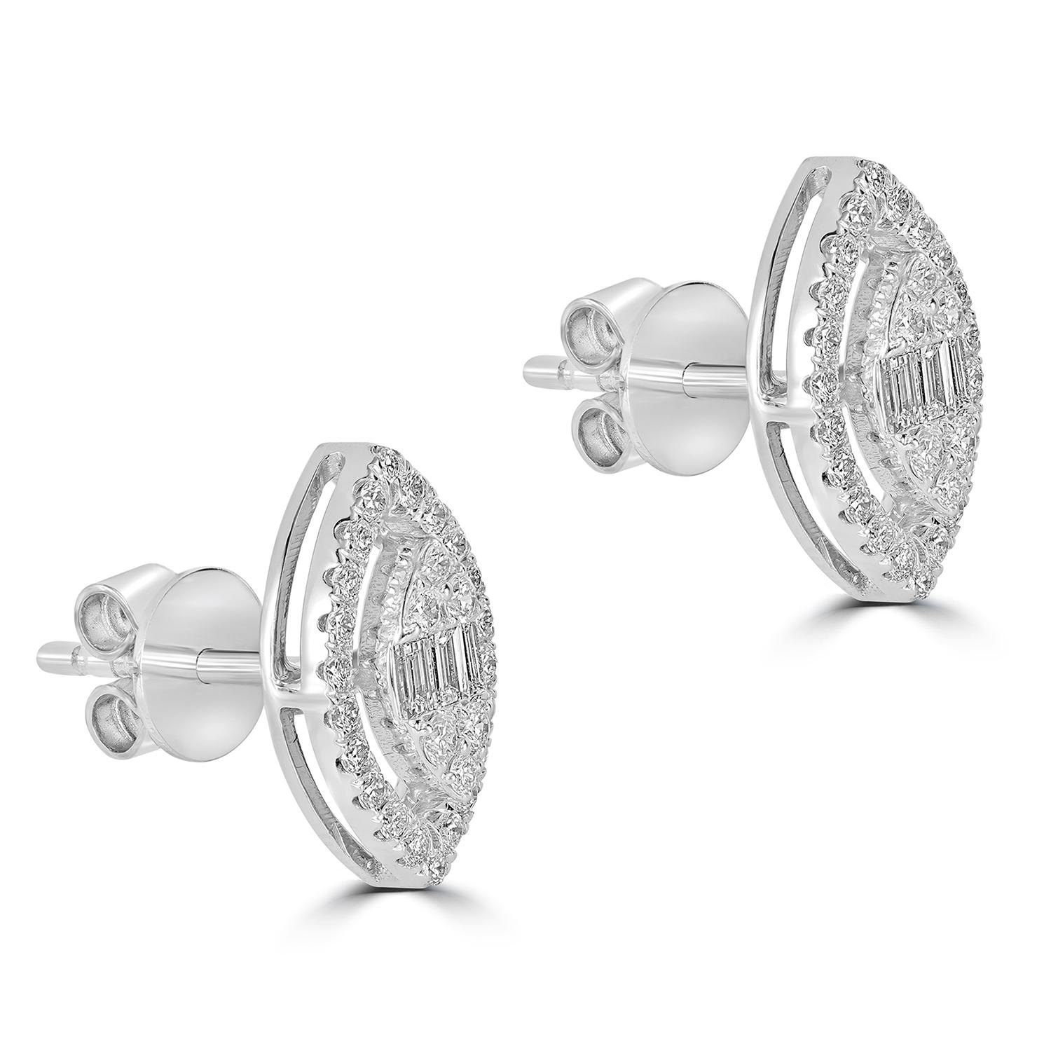 Art déco Clous d'oreilles minuscules en or blanc 18 carats sertis de diamants en forme de marquise en vente