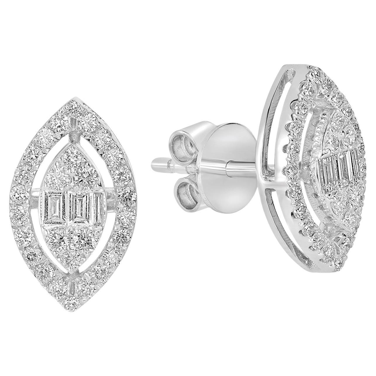 Clous d'oreilles minuscules en or blanc 18 carats sertis de diamants en forme de marquise