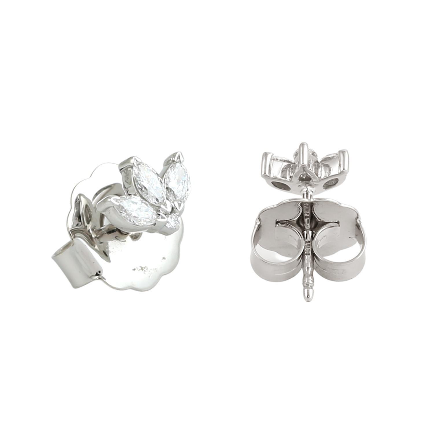 Taglio misto Borchie minimali con diamanti a forma di marquise in oro bianco 14k in vendita