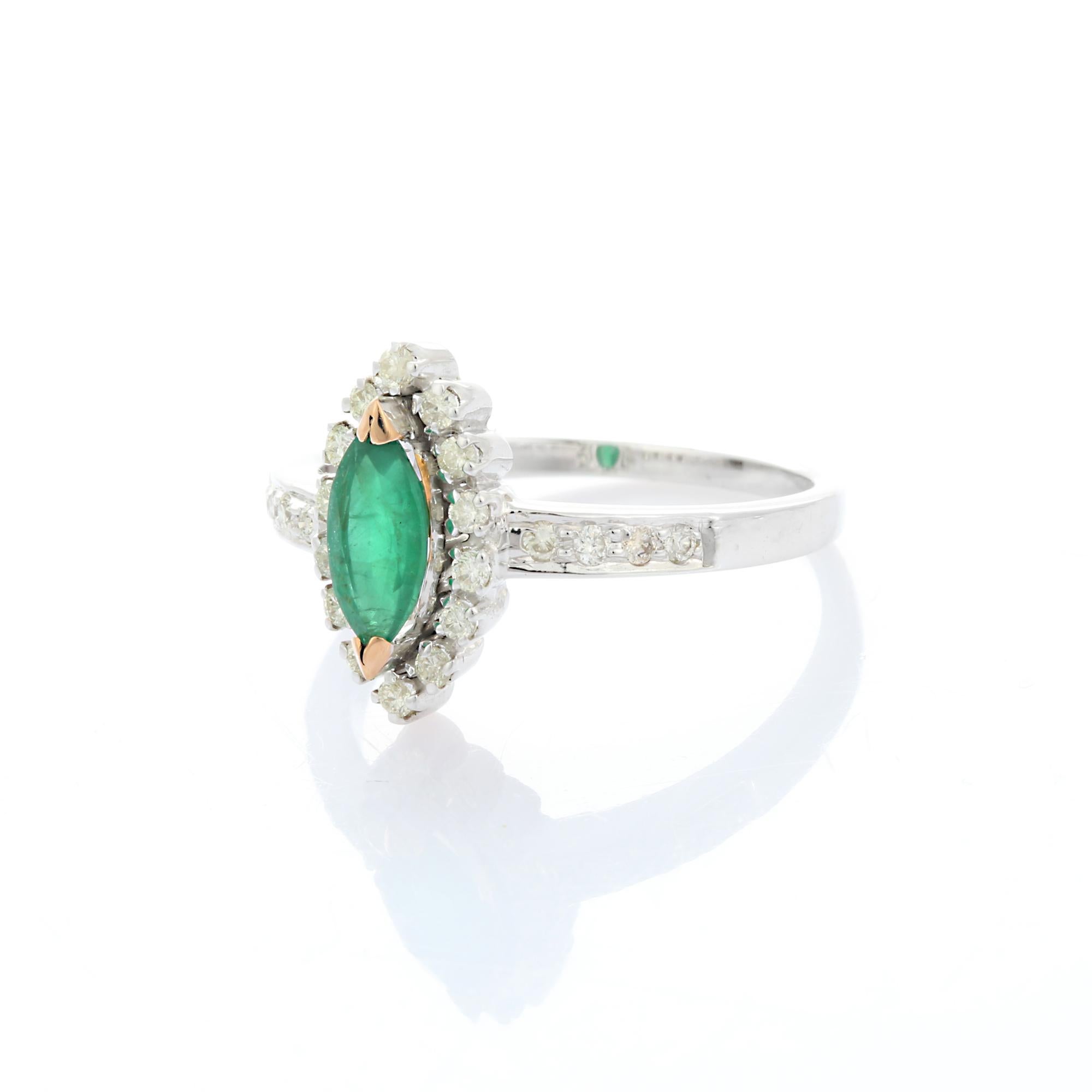 For Sale:  Marquise Shaped Emerald and Diamond Ring in 14K White Gold 6