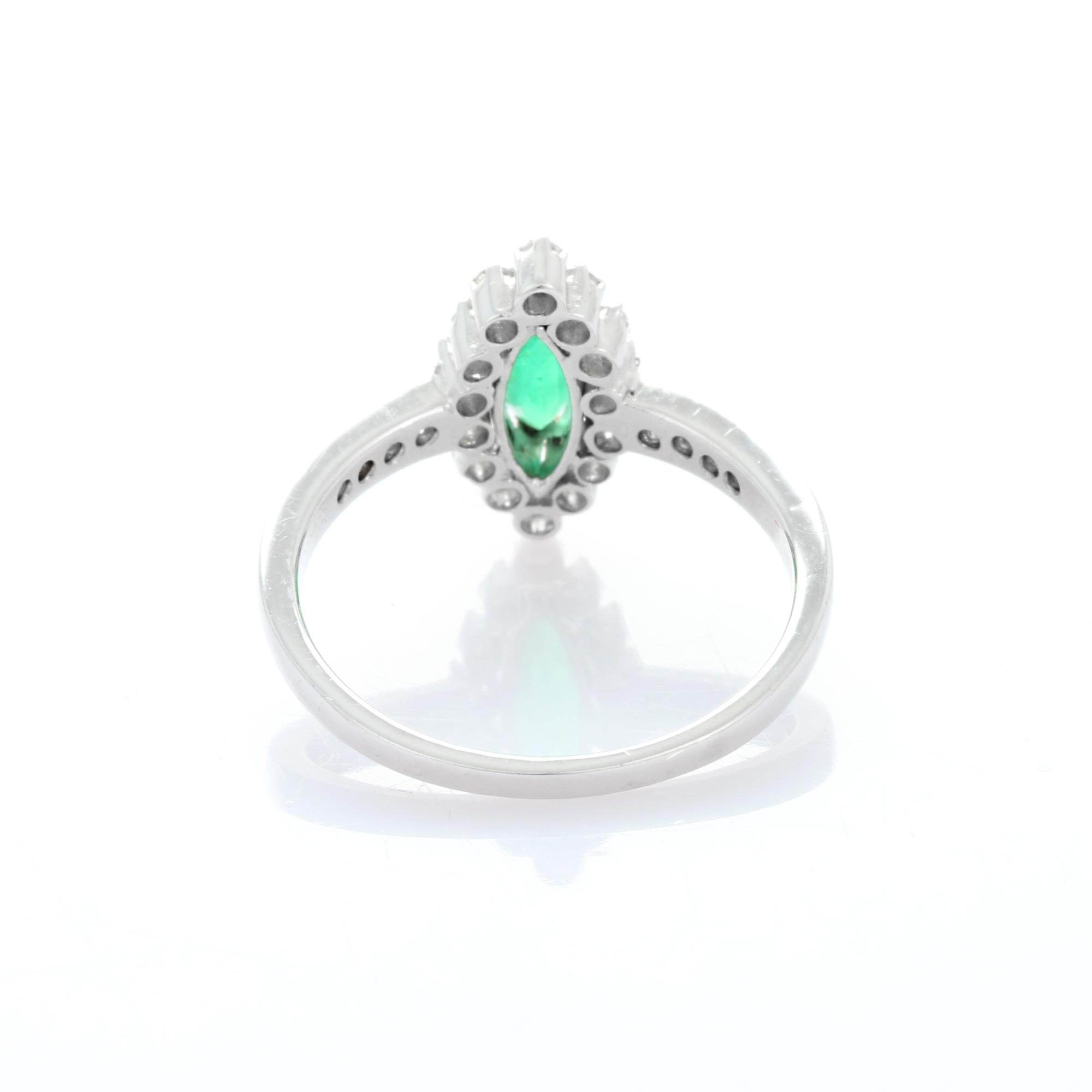 For Sale:  Marquise Shaped Emerald and Diamond Ring in 14K White Gold 9