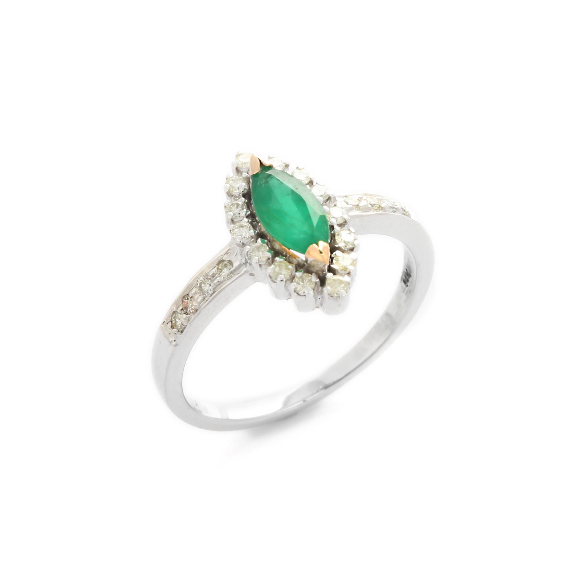 For Sale:  Marquise Shaped Emerald and Diamond Ring in 14K White Gold 11