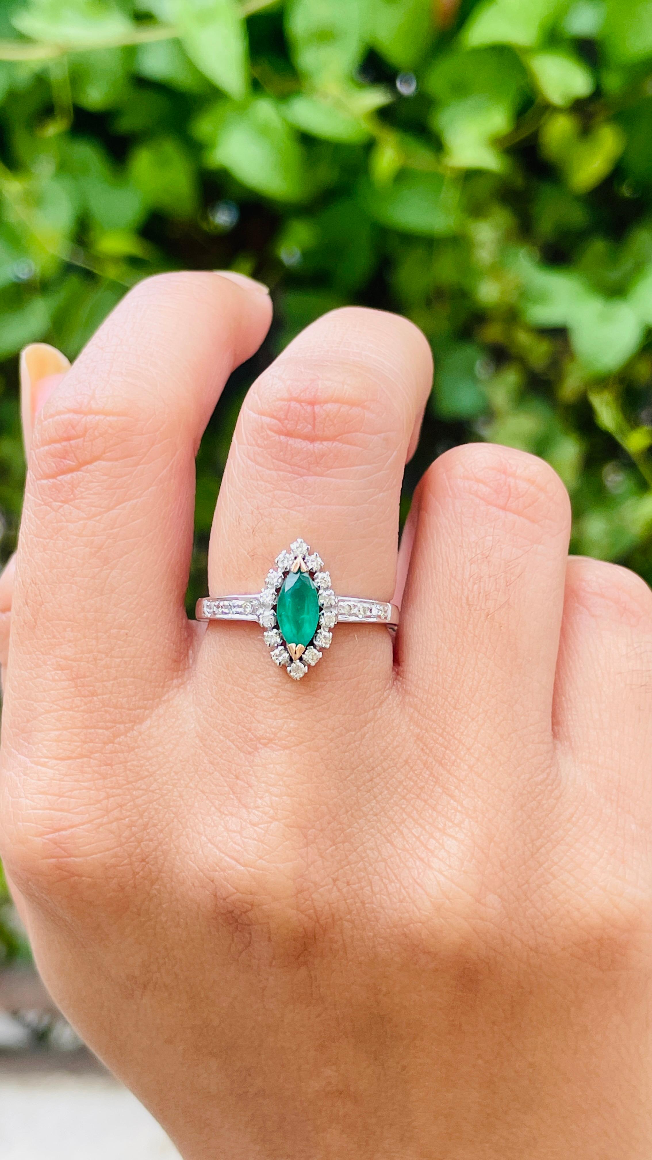 For Sale:  Marquise Shaped Emerald and Diamond Ring in 14K White Gold 8