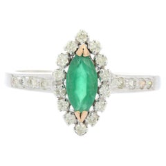 Marquise Shaped Emerald and Diamond Ring in 14K White Gold