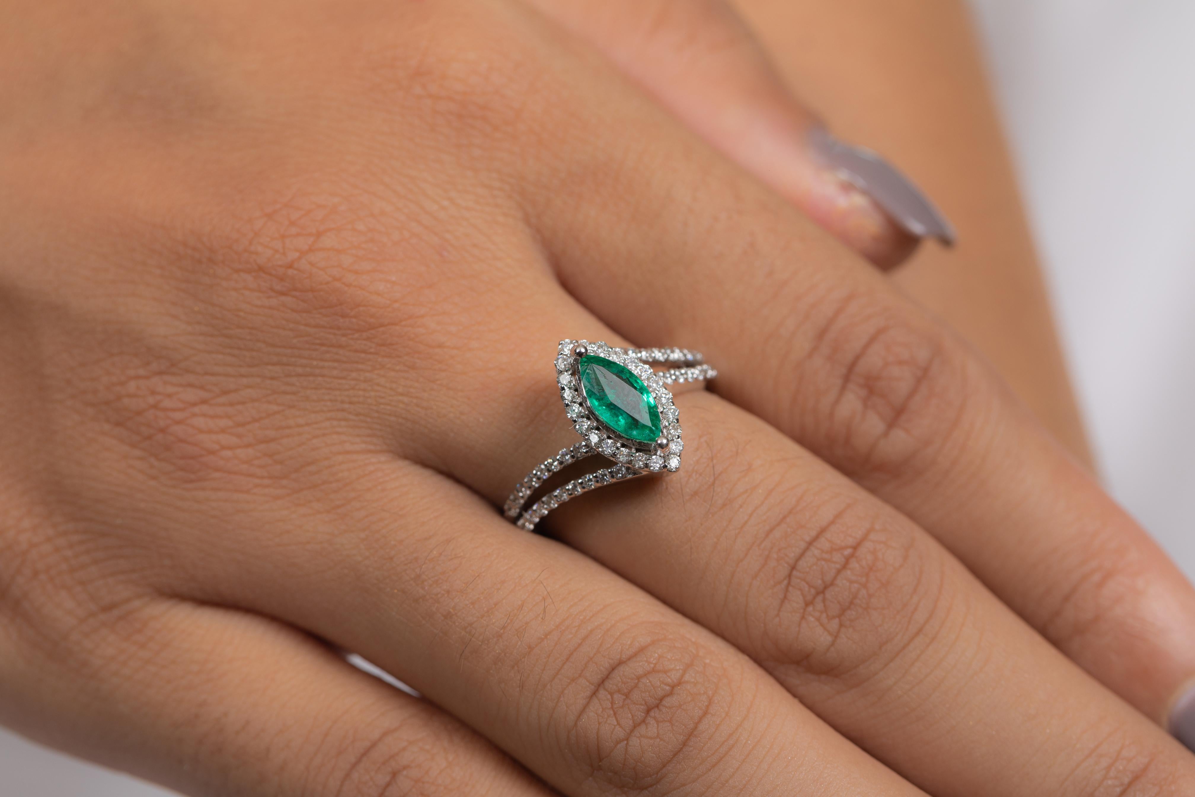 For Sale:  Marquise Shaped Emerald and Diamond Ring in 18K White Gold  3