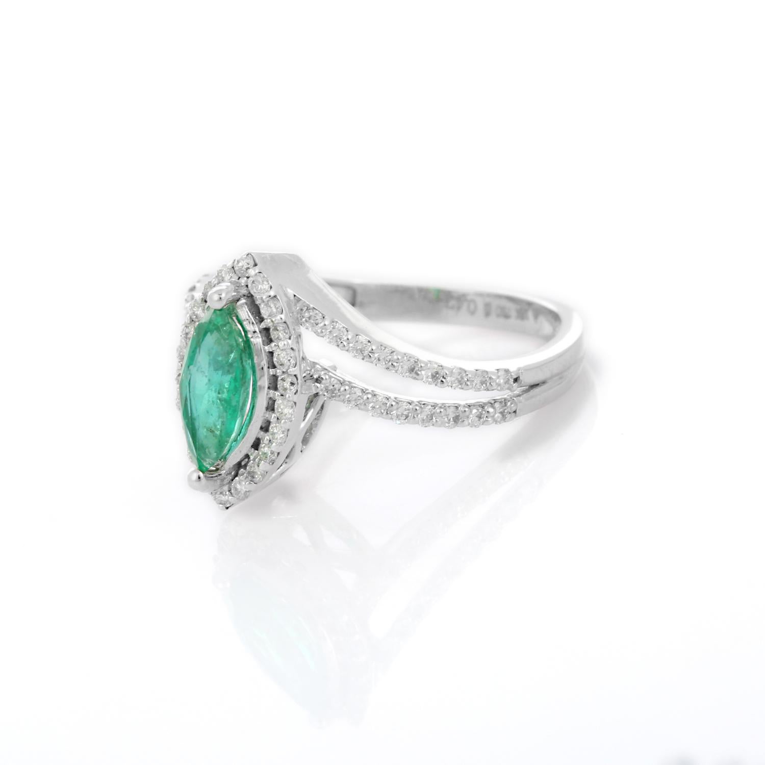 For Sale:  Marquise Shaped Emerald and Diamond Ring in 18K White Gold  4