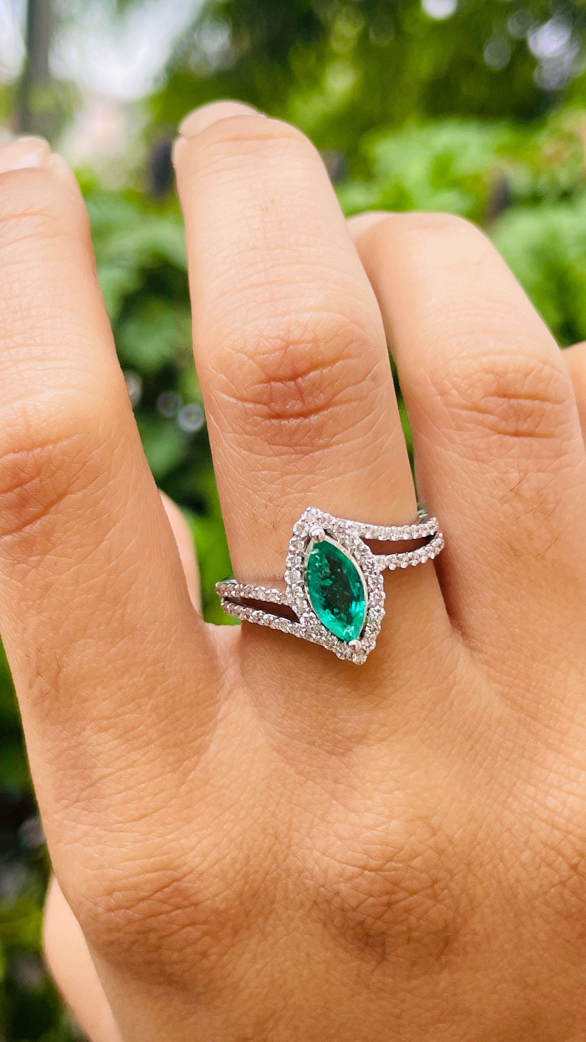 For Sale:  Marquise Shaped Emerald and Diamond Ring in 18K White Gold  5