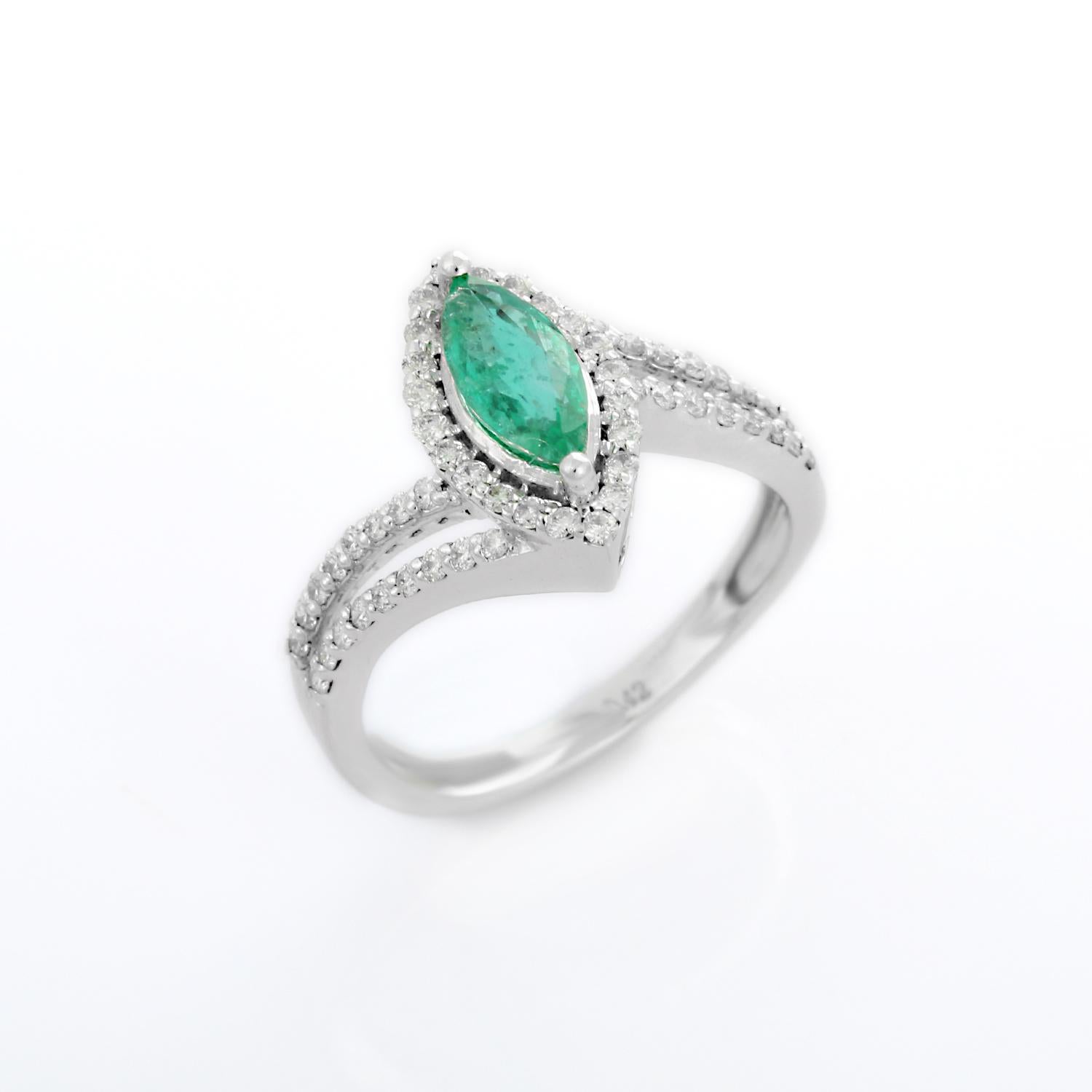 For Sale:  Marquise Shaped Emerald and Diamond Ring in 18K White Gold  10