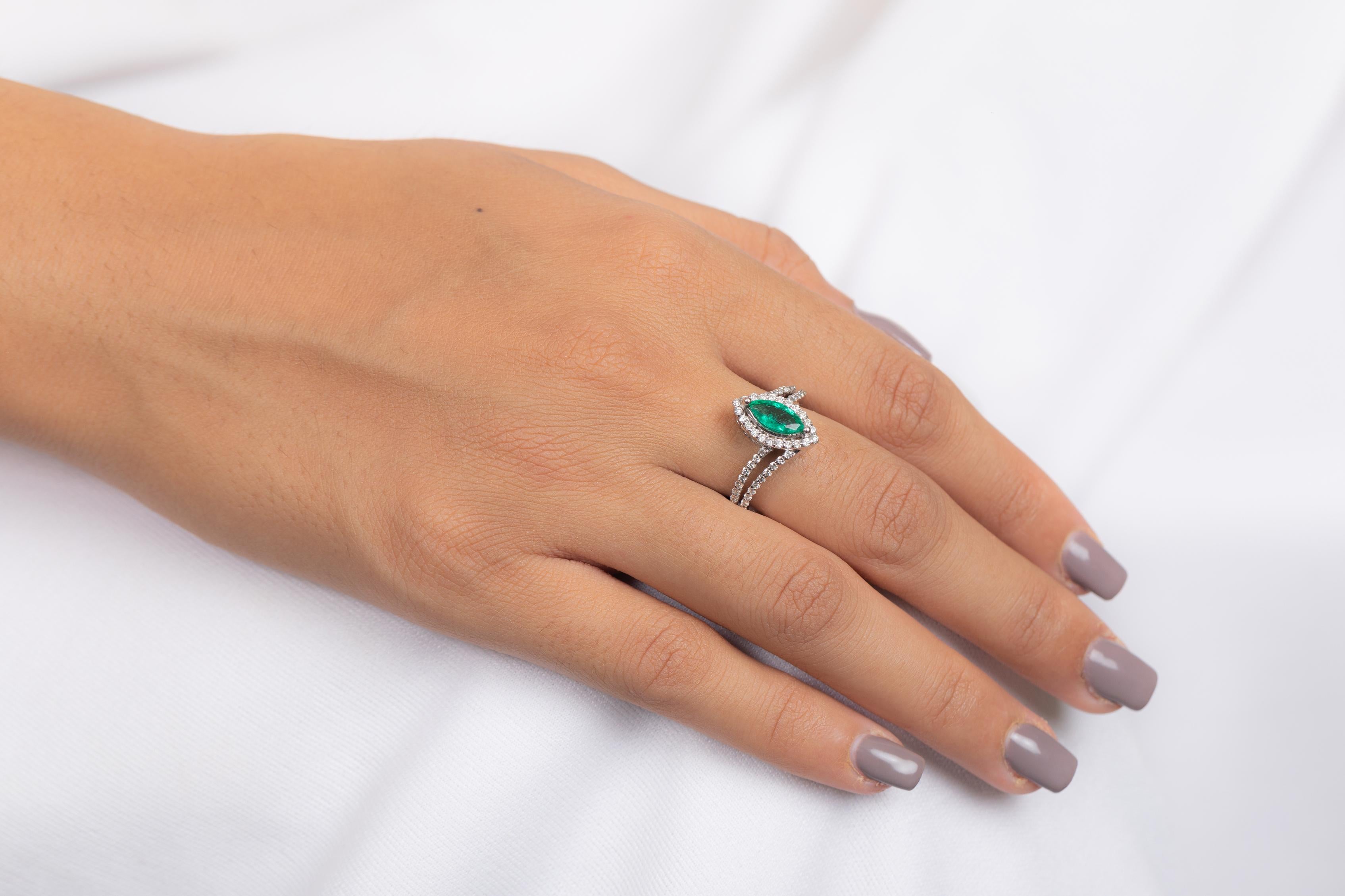 For Sale:  Marquise Shaped Emerald and Diamond Ring in 18K White Gold  11