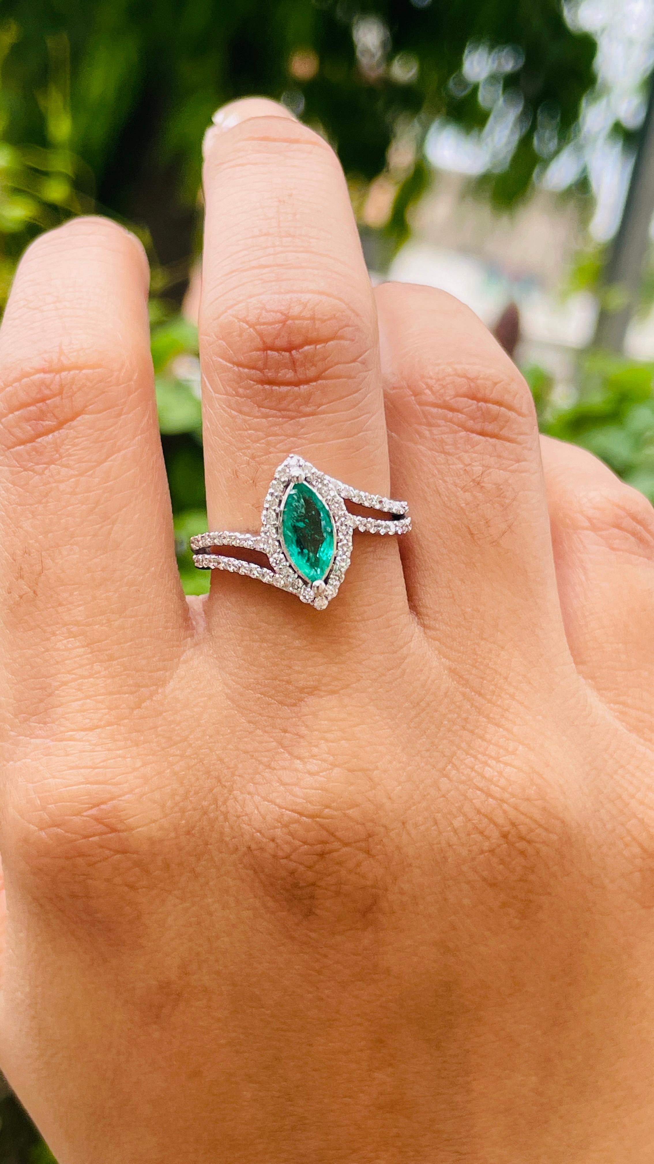 For Sale:  Marquise Shaped Emerald and Diamond Ring in 18K White Gold  9