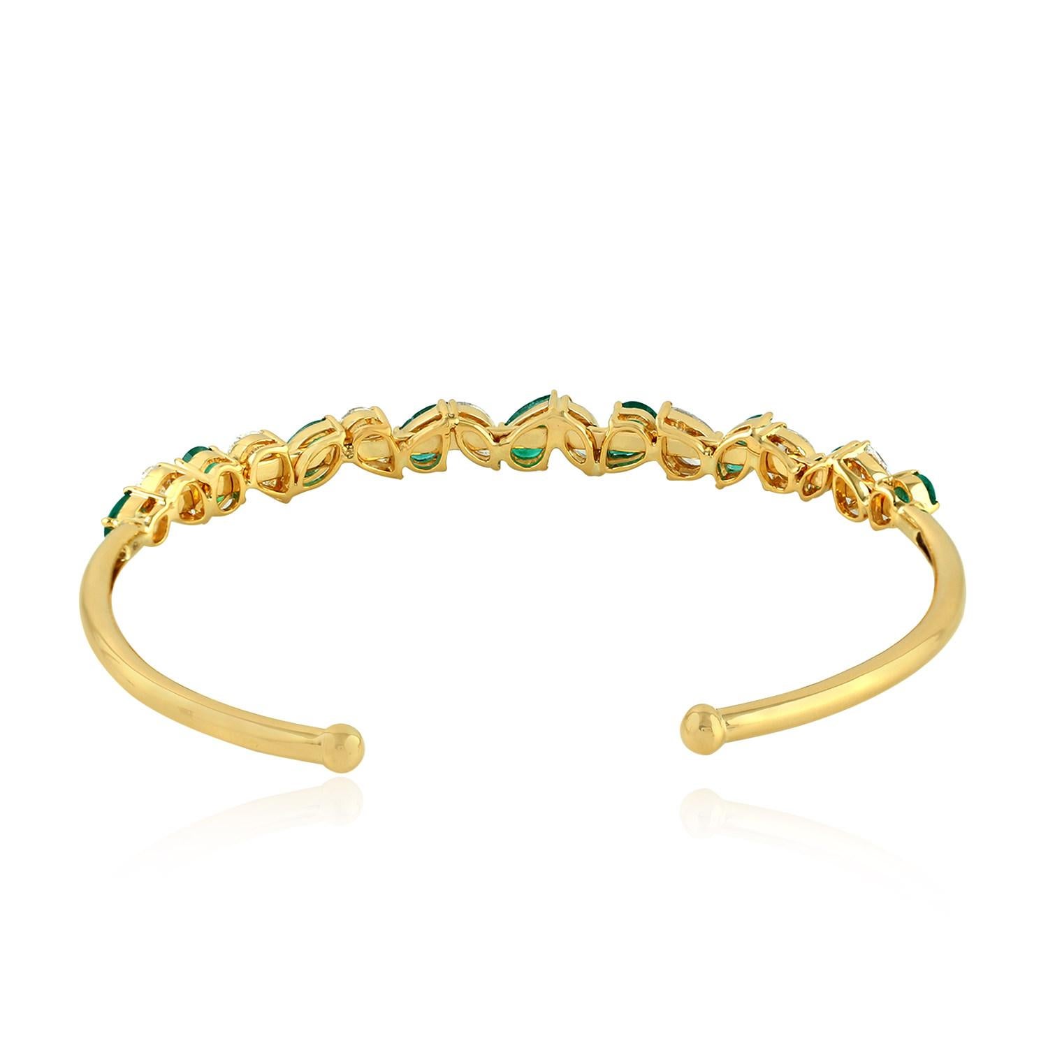 Art Nouveau Marquise Shaped Emerald & Diamond Bangle Made In 18k Gold For Sale