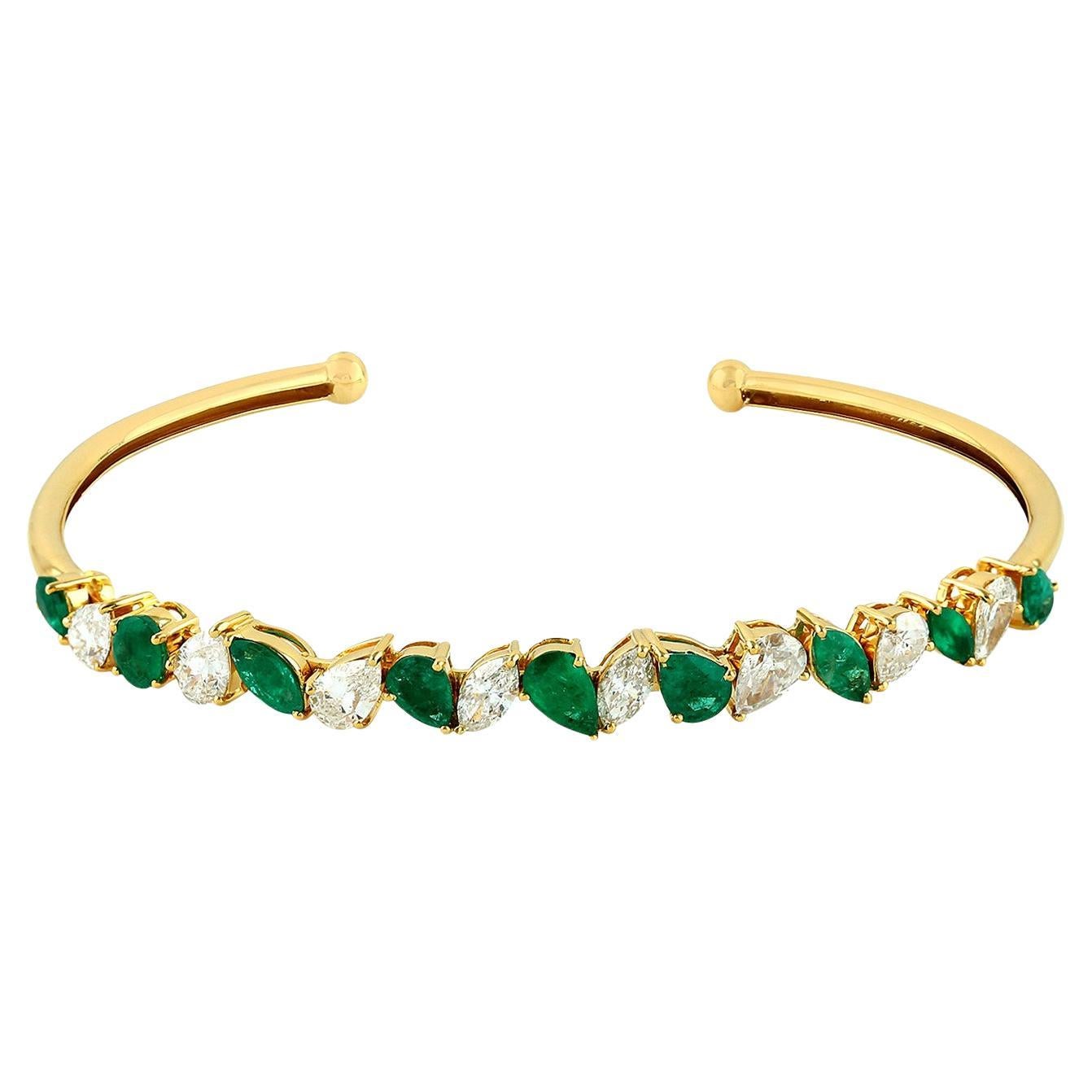Marquise Shaped Emerald & Diamond Bangle Made In 18k Gold For Sale