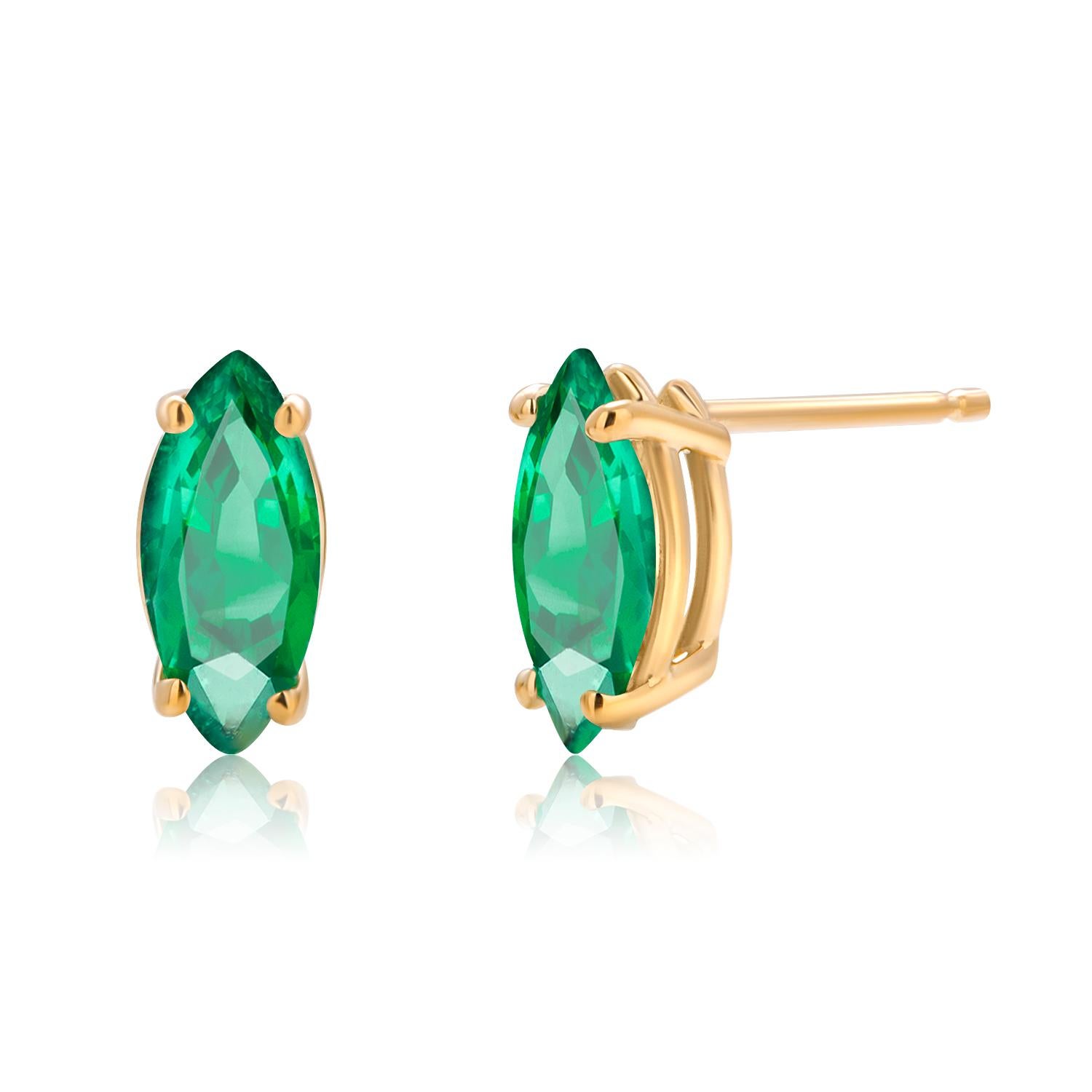 Women's or Men's Marquise Shaped Emerald 1.20 Carat 14 Karat Yellow Gold 0.35 Inch Stud Earrings 