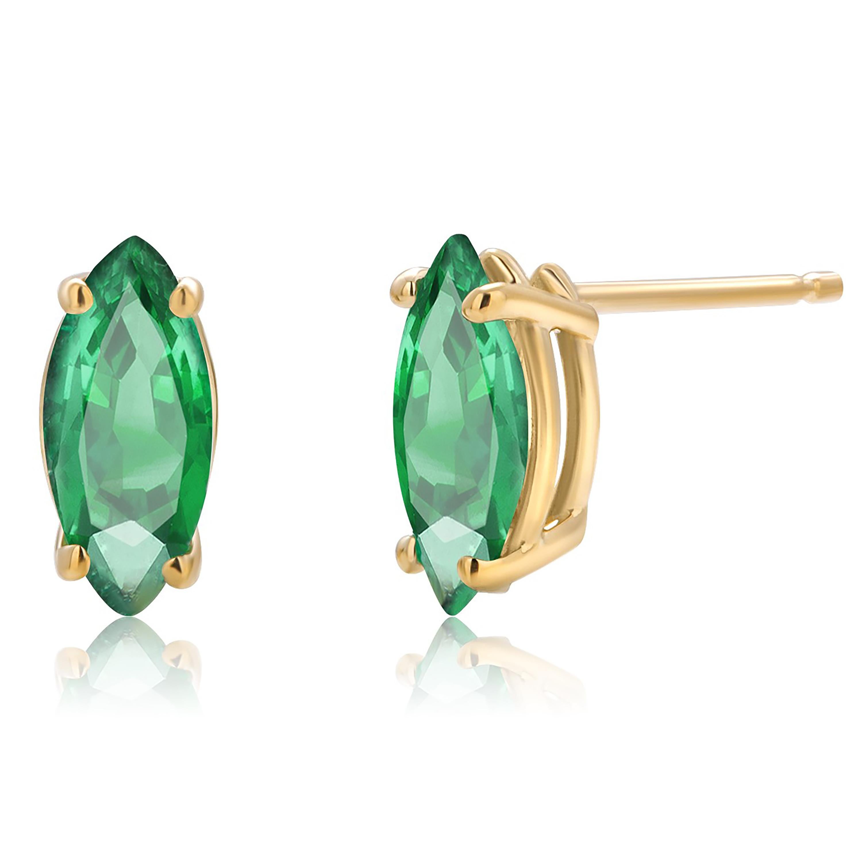Marquise Shaped Emerald 1.20 Carat 14 Karat Yellow Gold 0.35 Inch Stud Earrings  2