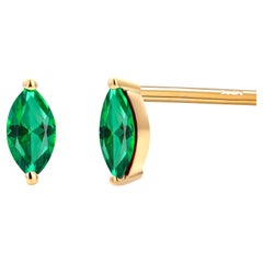 Marquise Shaped Emerald Yellow Gold Mini Stud Earrings Second or Third Hole 
