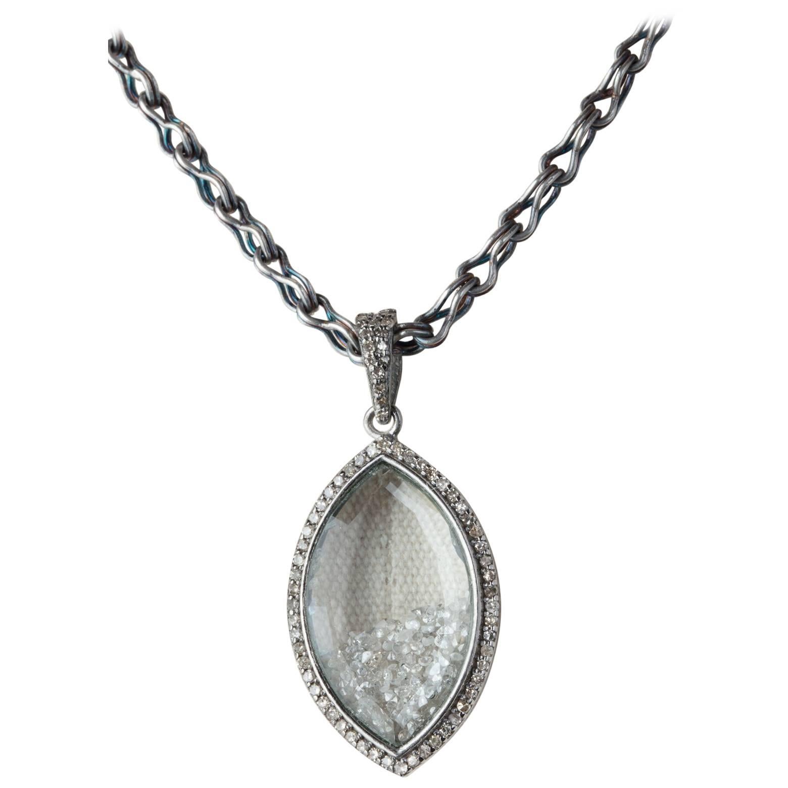 Marquise-Shaped Glass Pendant with Loose Diamonds on Very Long Silver Chain