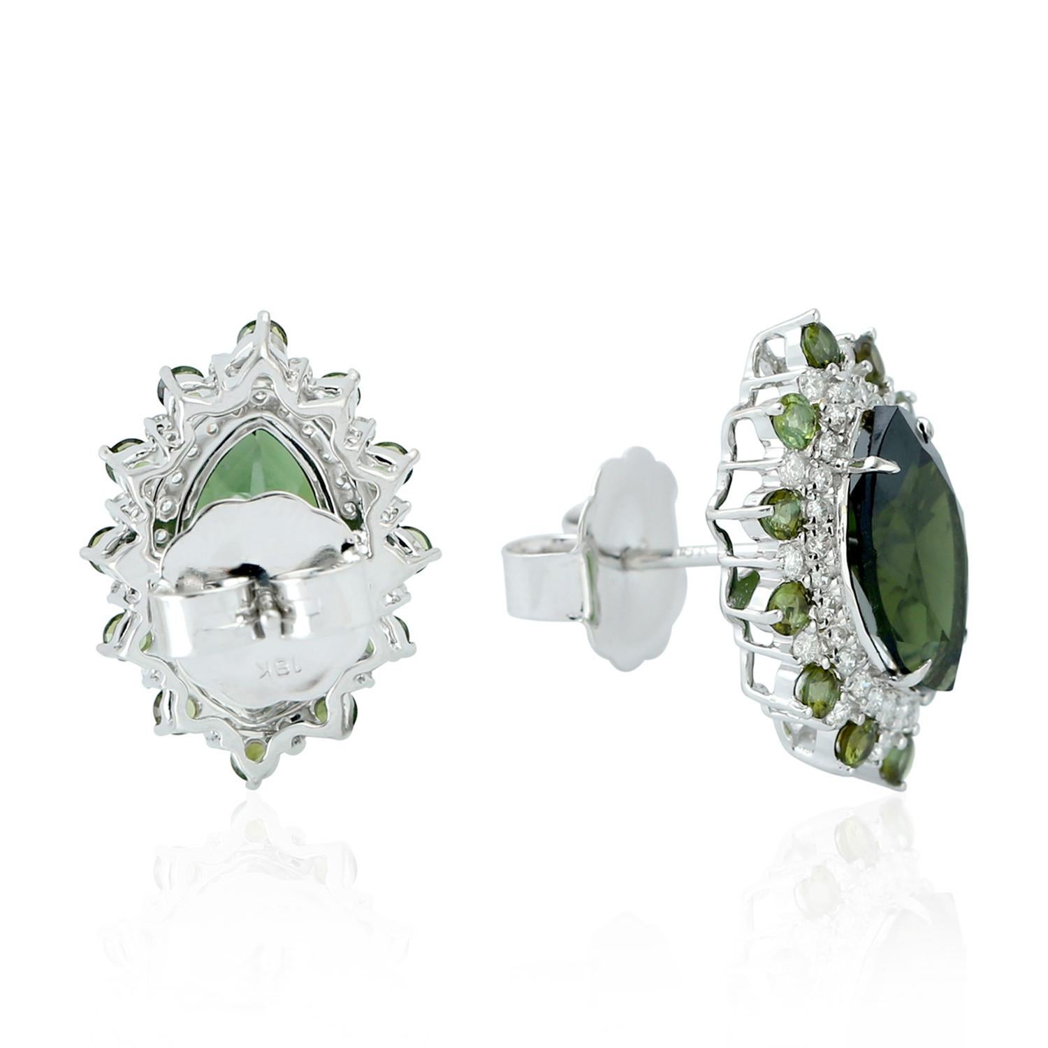 Art Deco Marquise Shaped Green Tourmaline Studs With Diamonds Made In 18k White Gold For Sale