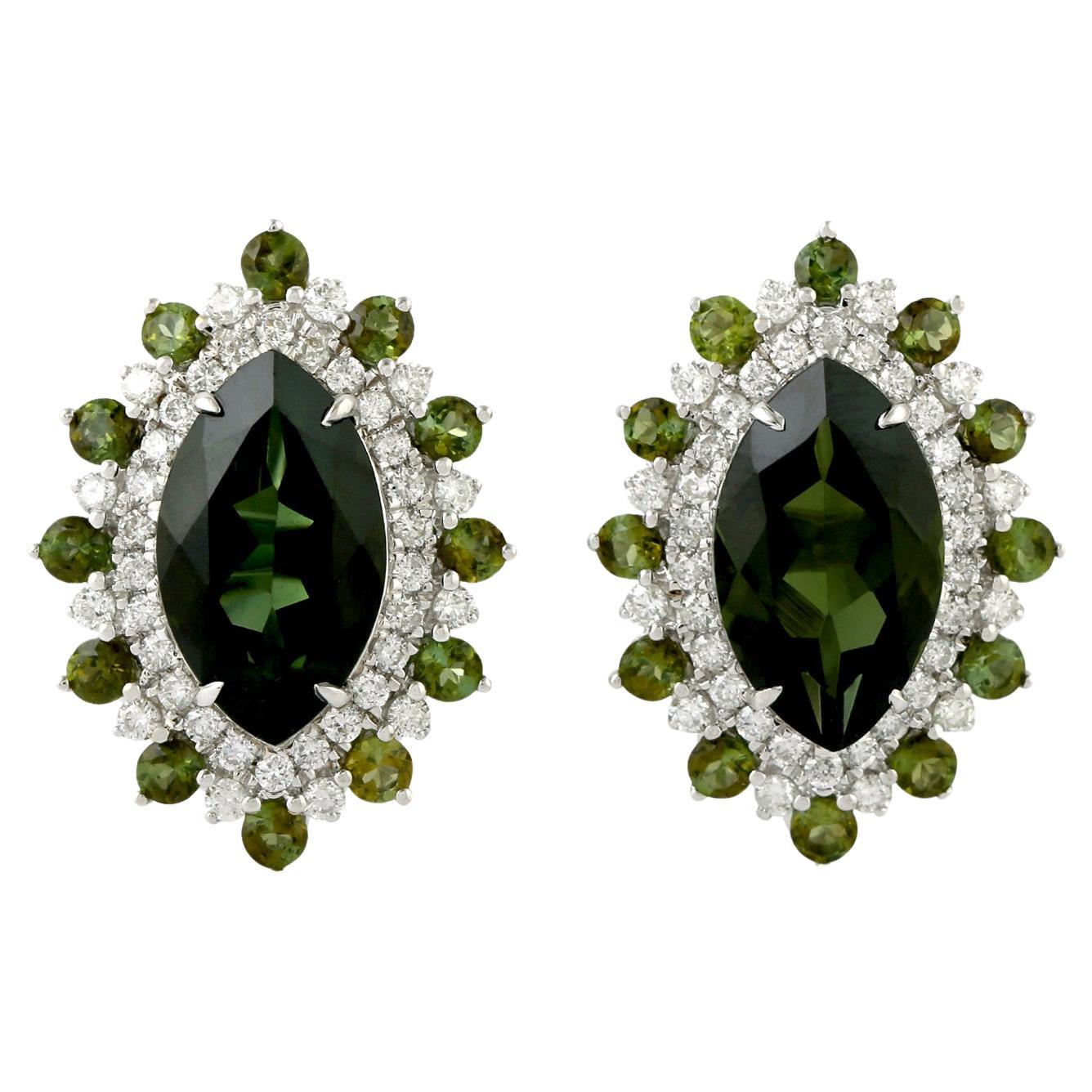 Marquise Shaped Green Tourmaline Studs With Diamonds Made In 18k White Gold For Sale