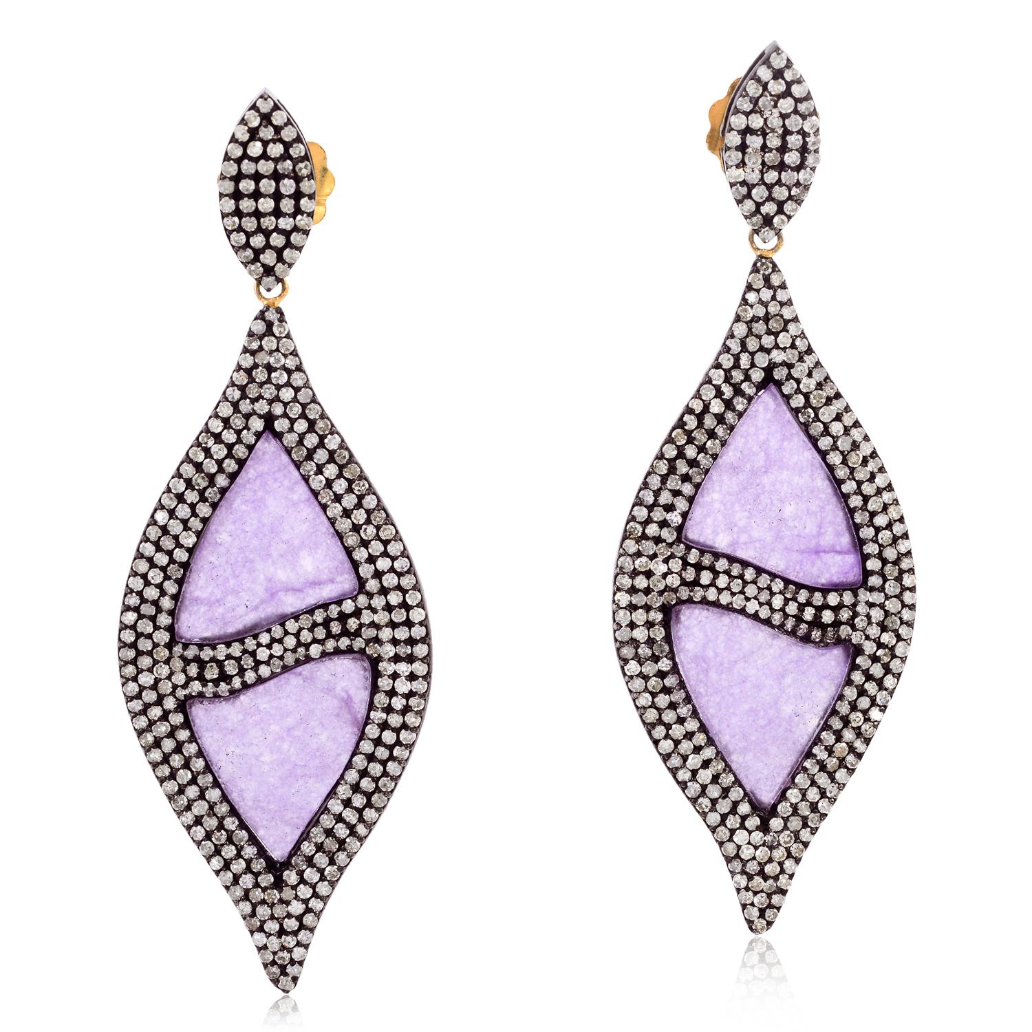 Mixed Cut Marquise Shaped Jade Earrings with Pave Diamonds Made in 18k Gold & Silver For Sale