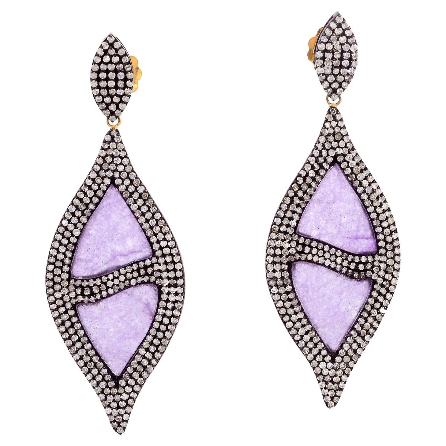 Boucles d'oreilles en or et argent 18 carats avec jade en forme de marquise et diamants pavés