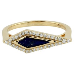 Marquise Shaped Lapis & Diamond Dainty Ring Made In 18k Yellow Gold