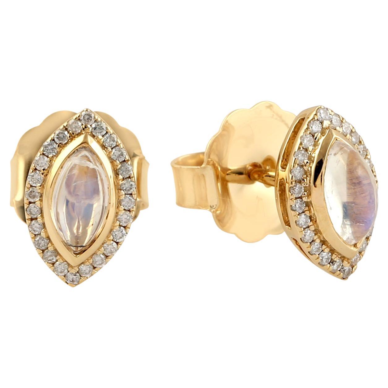 Marquise Shaped Moonstone Stud Earrings With Diamonds Made In 18K Yellow Gold