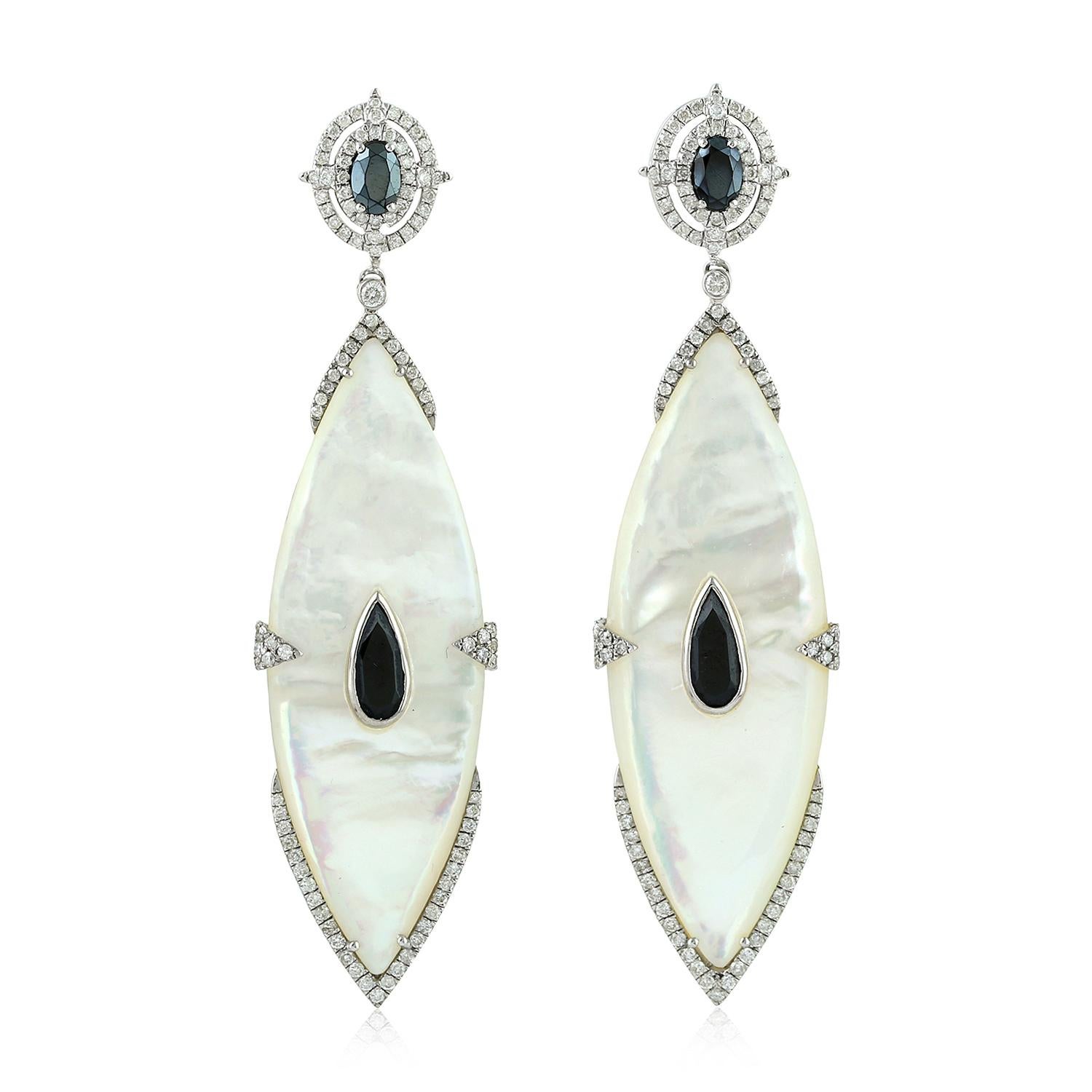 Art Deco Marquise Shaped Mother of Pearl Earring with Spinel and Diamonds In 18k Gold For Sale