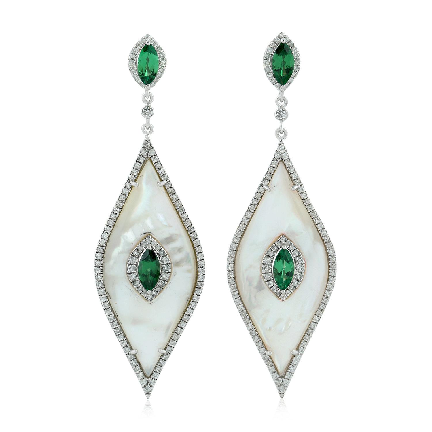 Mixed Cut Marquise Shaped Pearl Earring Accented with Tsavorite & Diamond Made in 18k Gold For Sale
