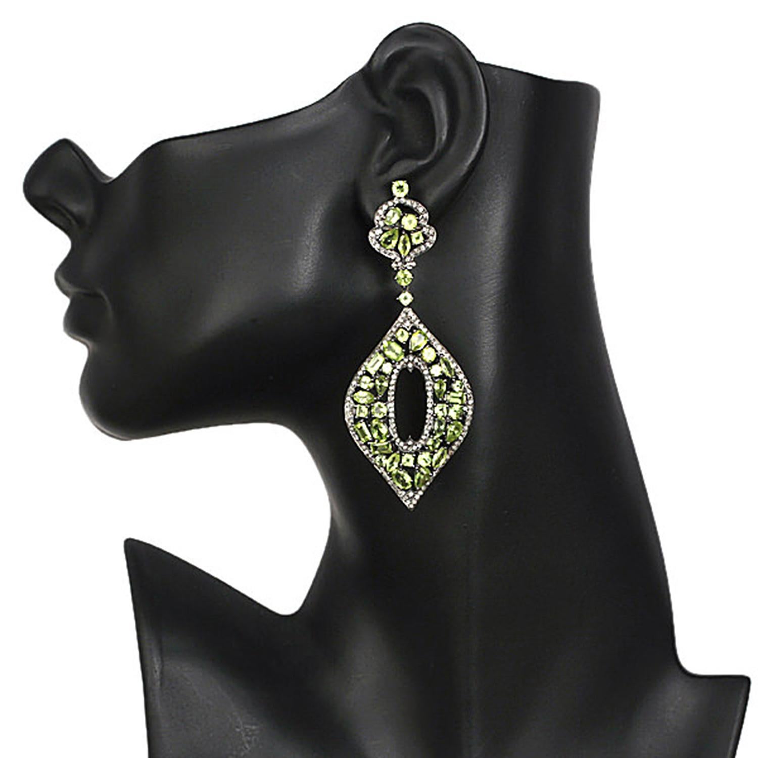 Contemporary Marquise Shaped Peridot & Diamonds Earrings Made in 18k Yellow Gold & Silver For Sale