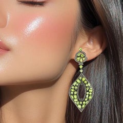 Marquise Shaped Peridot & Diamonds Earrings Made in 18k Yellow Gold & Silver