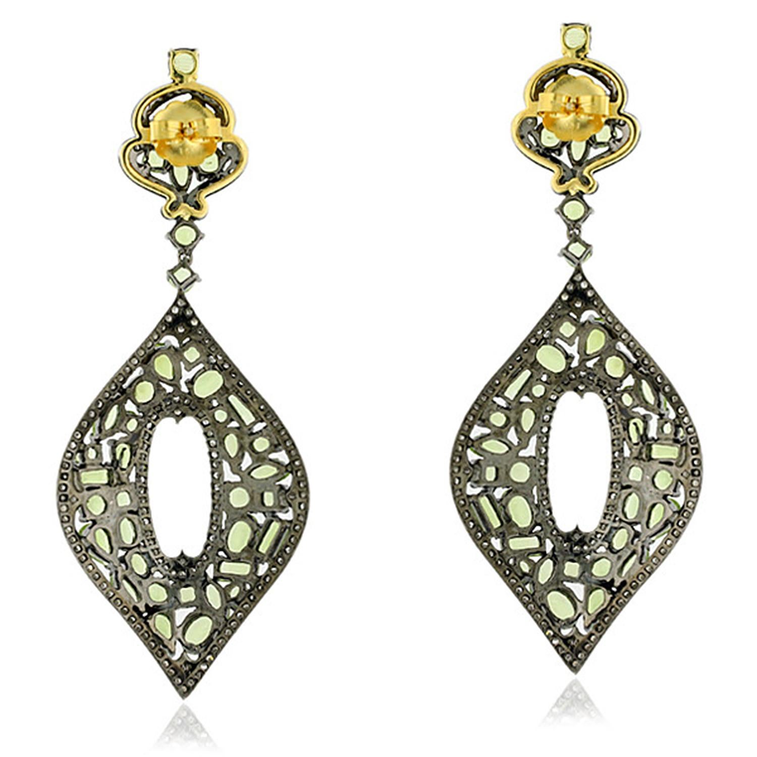 Mixed Cut Marquise Shaped Peridot & Diamonds Earrings Made in 18k Yellow Gold & Silver For Sale