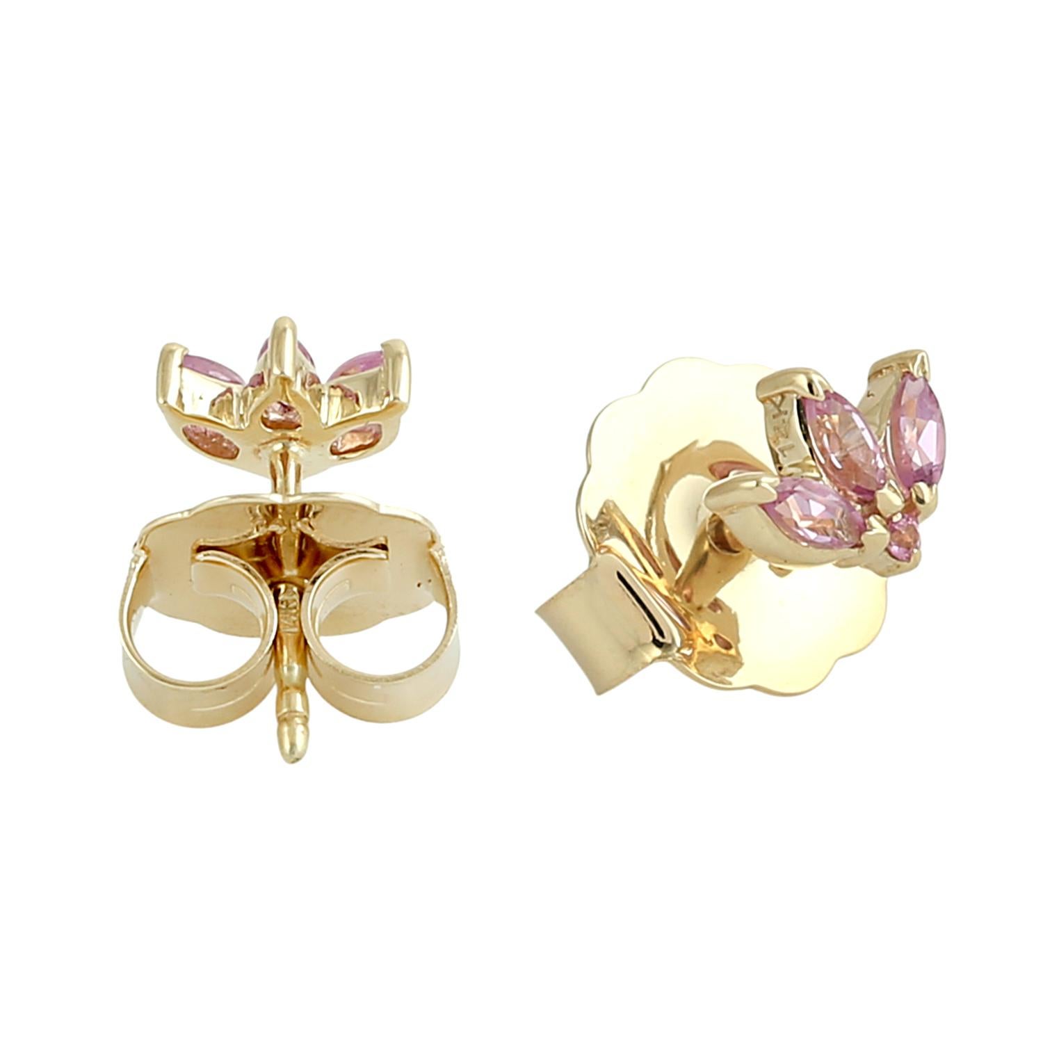 Mixed Cut Marquise Shaped Pink Sapphire Minimal Studs In 14k Yellow Gold For Sale