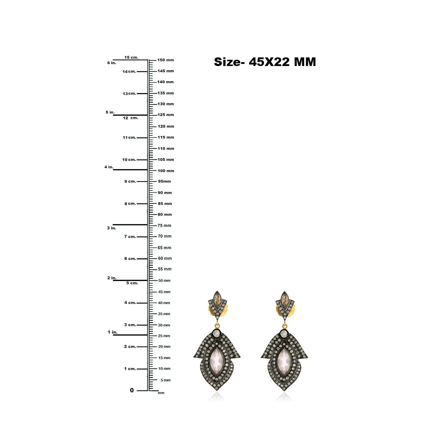 Mixed Cut Marquise Shaped Rose Cut Daimonds & Rose Quartz Earrings in 18k Gold & Silver For Sale