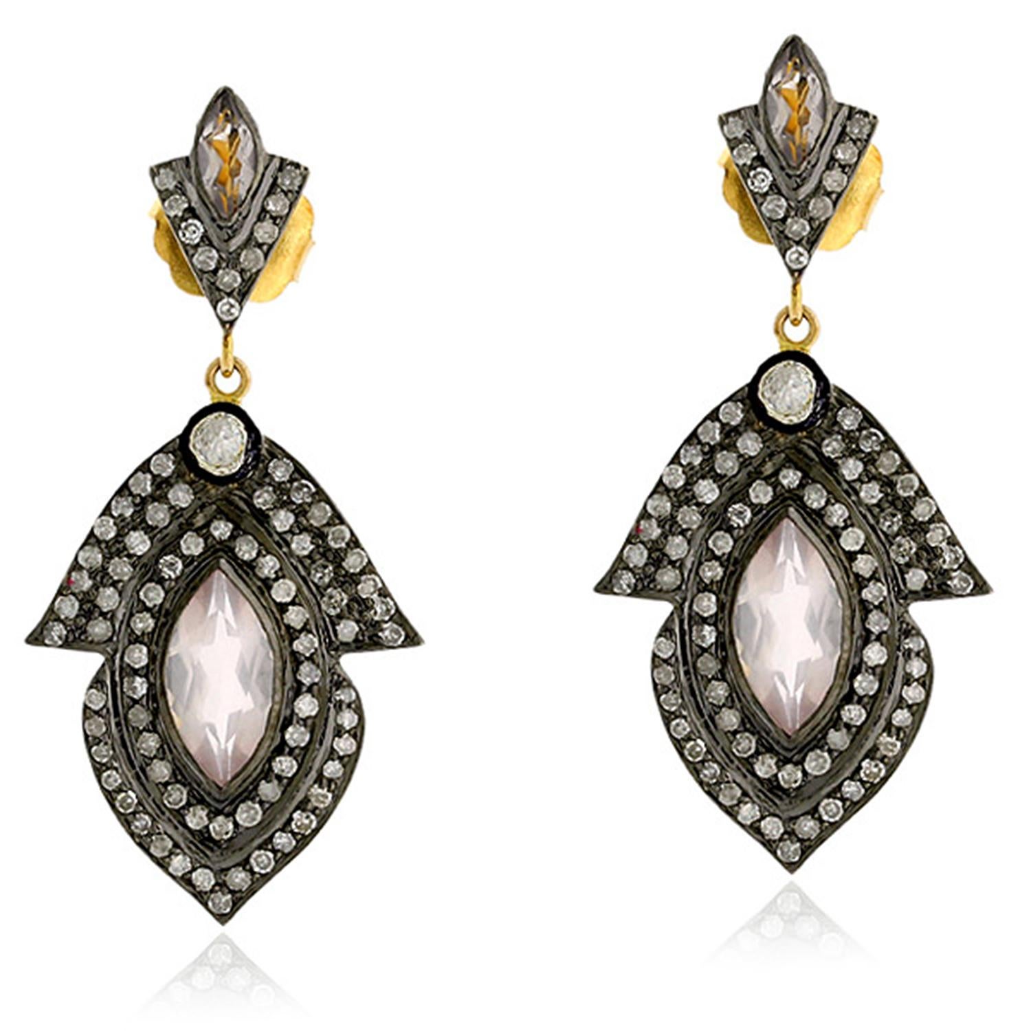 Marquise Shaped Rose Cut Daimonds & Rose Quartz Earrings in 18k Gold & Silver In New Condition For Sale In New York, NY