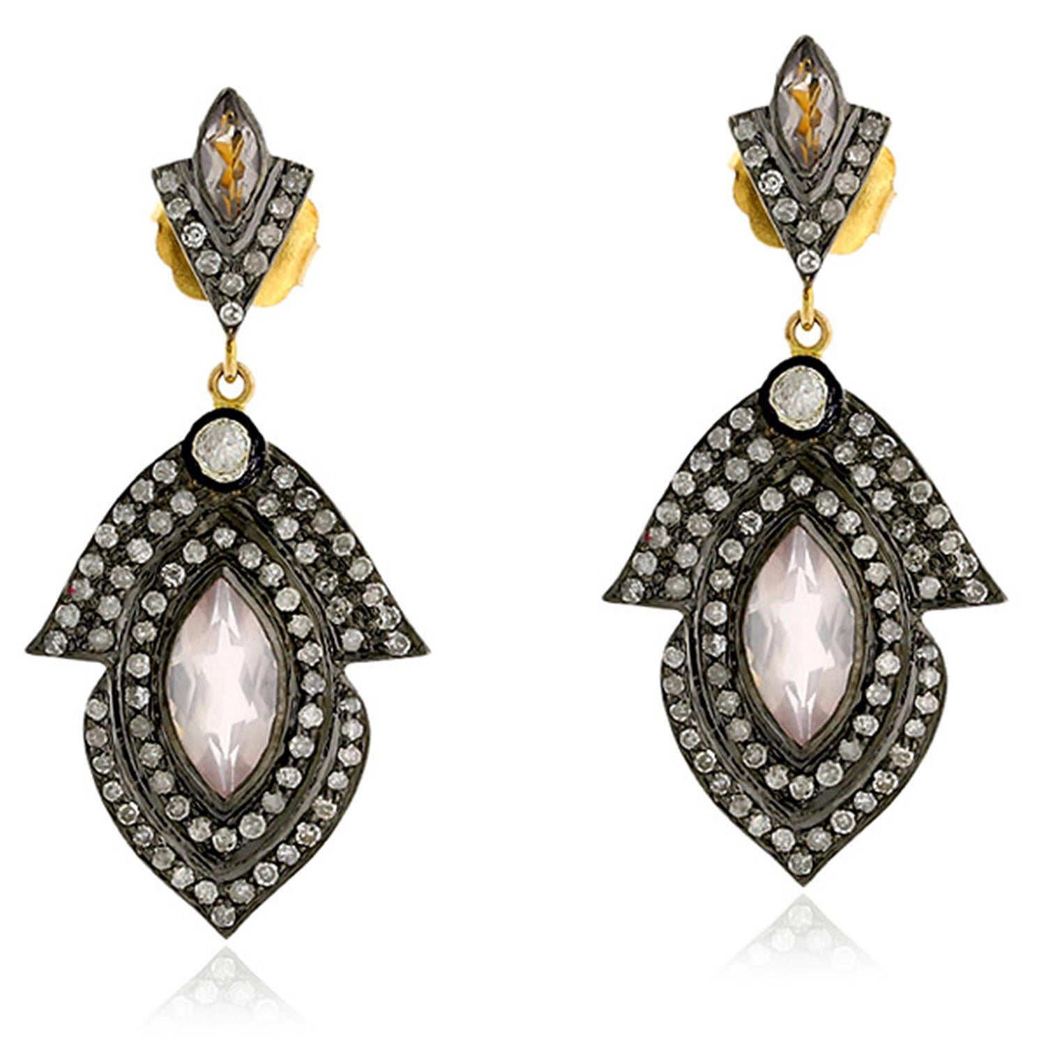 Marquise Shaped Rose Cut Diamonds & Rose Quartz Earrings in 18k Gold & Silver In New Condition For Sale In New York, NY