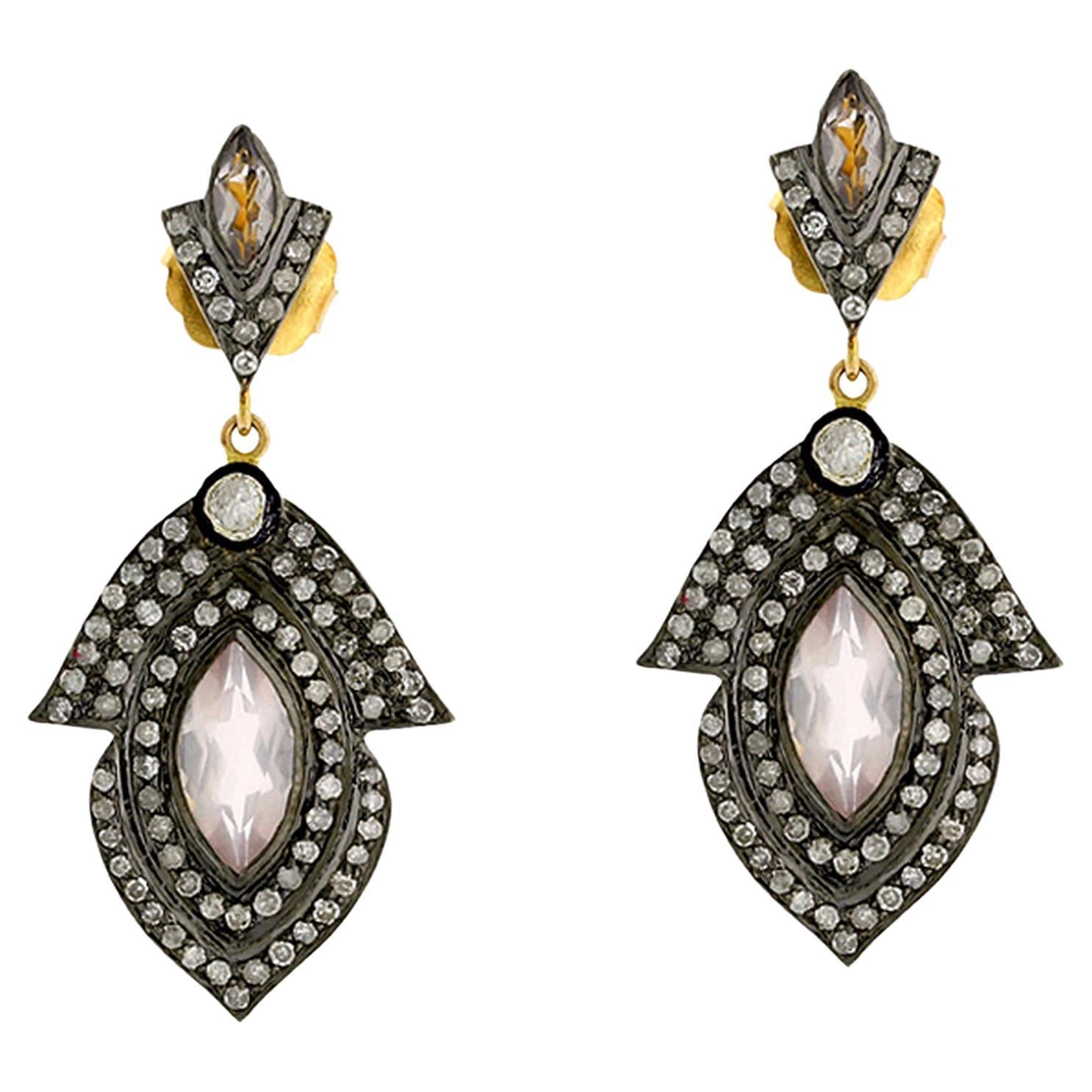 Marquise Shaped Rose Cut Daimonds & Rose Quartz Earrings in 18k Gold & Silver For Sale