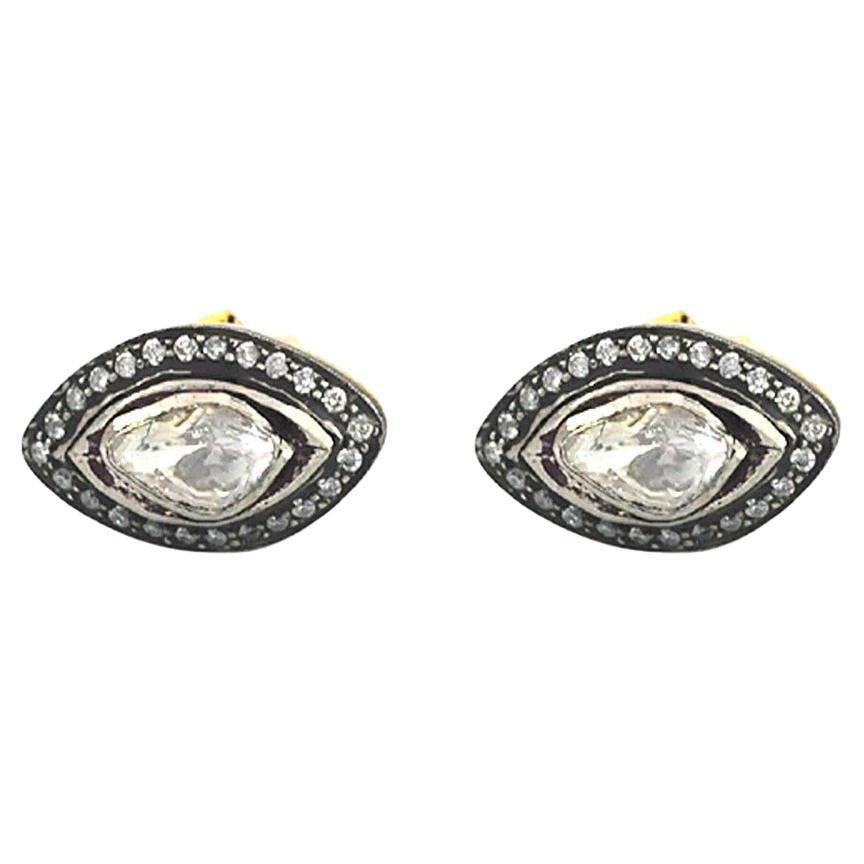 Marquise Shaped Rose Cut Diamonds Studs Made In 14k Gold
