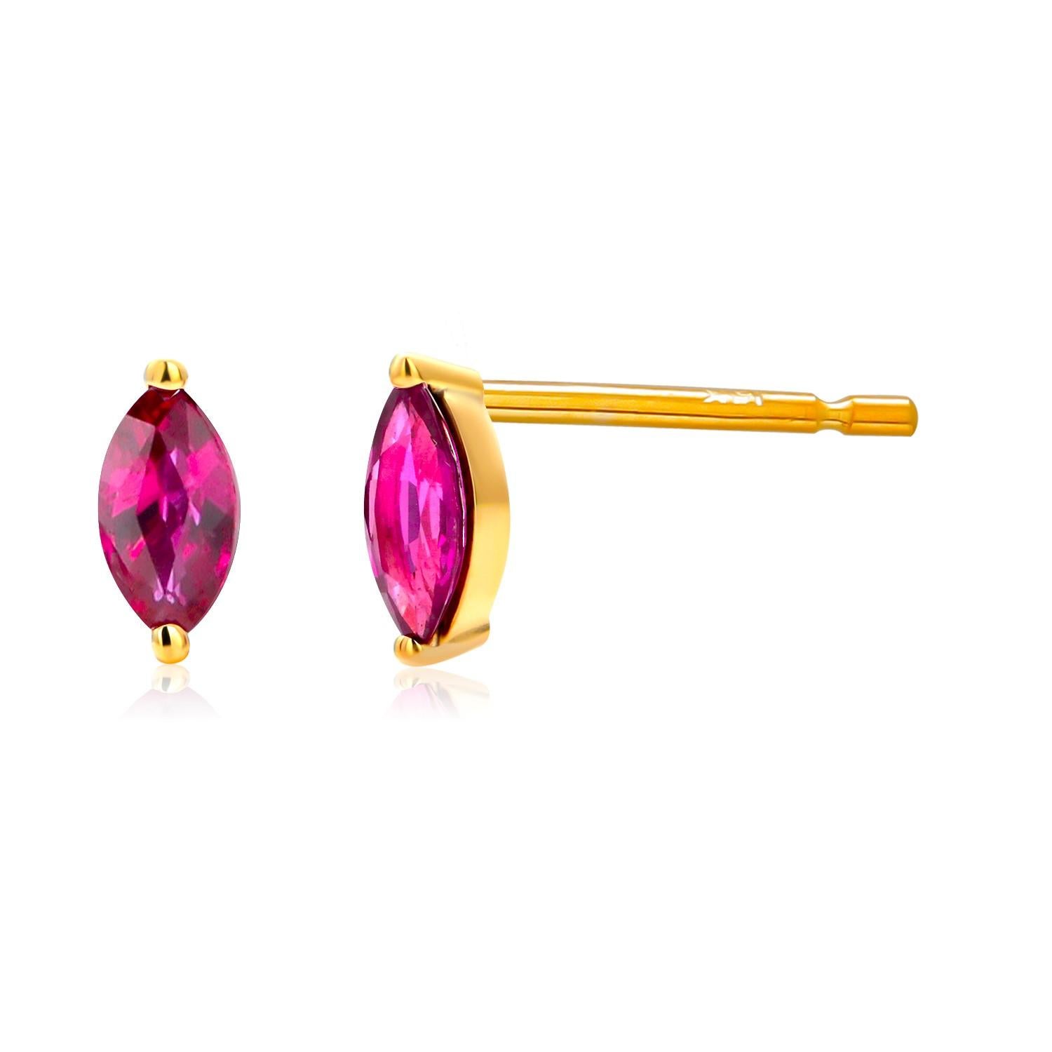 Marquise Cut Marquise Shaped Ruby 0.35 Carat 14 Karat Yellow Gold 0.25 Inch Stud Earrings For Sale