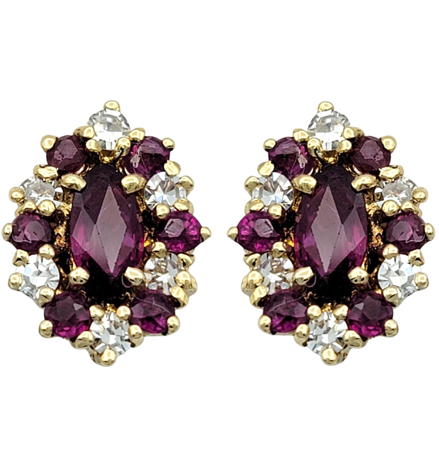 Contemporary Marquise Shaped Ruby and Diamond Halo Stud Earrings in 14 Karat Yellow Gold For Sale