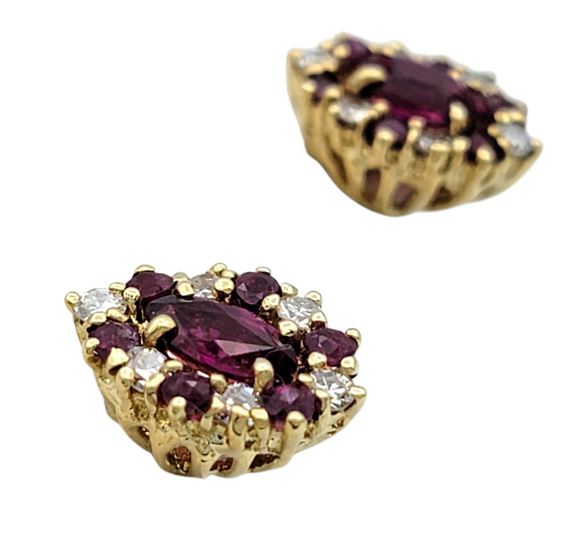 Marquise Cut Marquise Shaped Ruby and Diamond Halo Stud Earrings in 14 Karat Yellow Gold For Sale