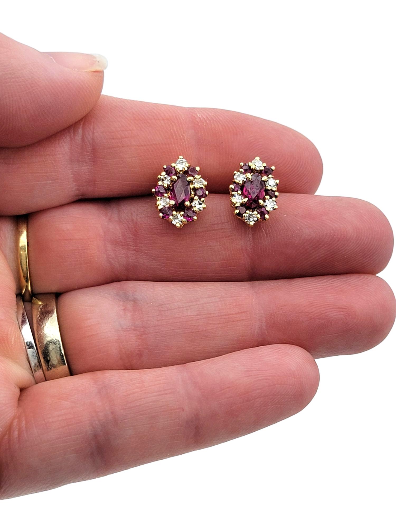 Marquise Shaped Ruby and Diamond Halo Stud Earrings in 14 Karat Yellow Gold For Sale 1