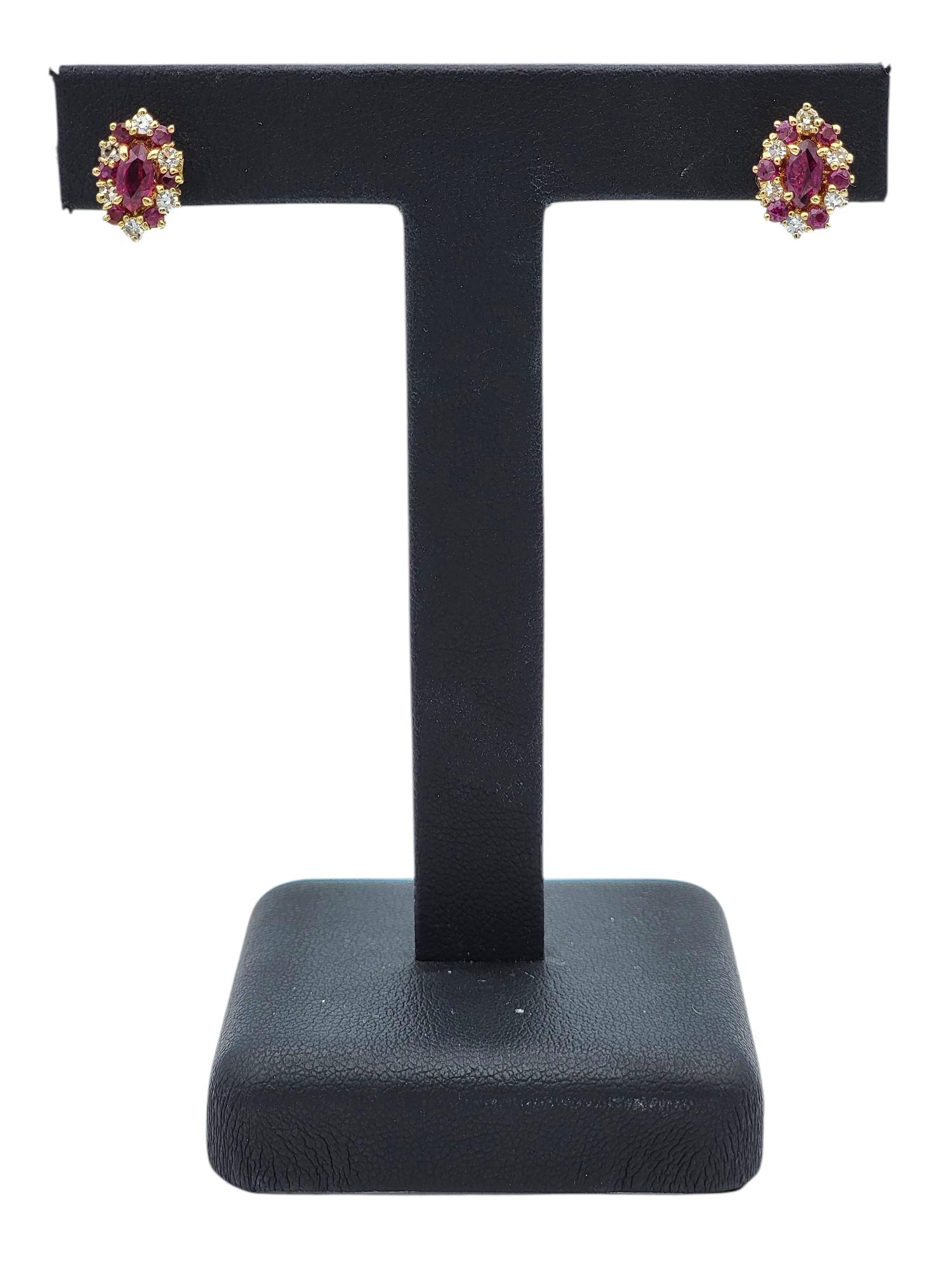 Marquise Shaped Ruby and Diamond Halo Stud Earrings in 14 Karat Yellow Gold For Sale 2
