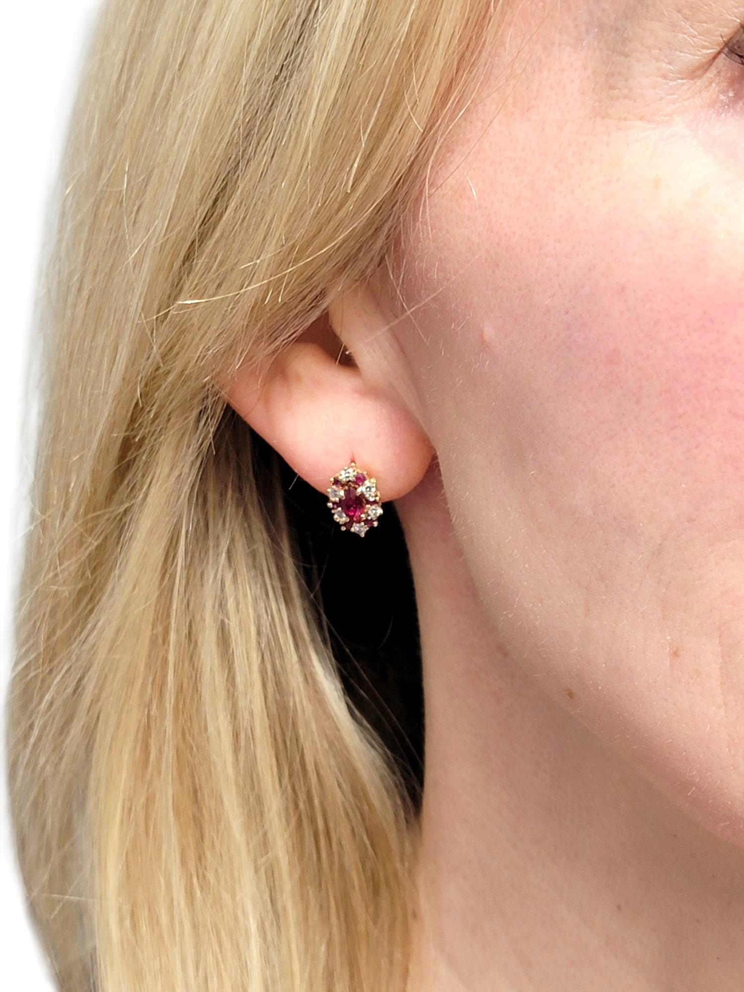 Marquise Shaped Ruby and Diamond Halo Stud Earrings in 14 Karat Yellow Gold For Sale 3