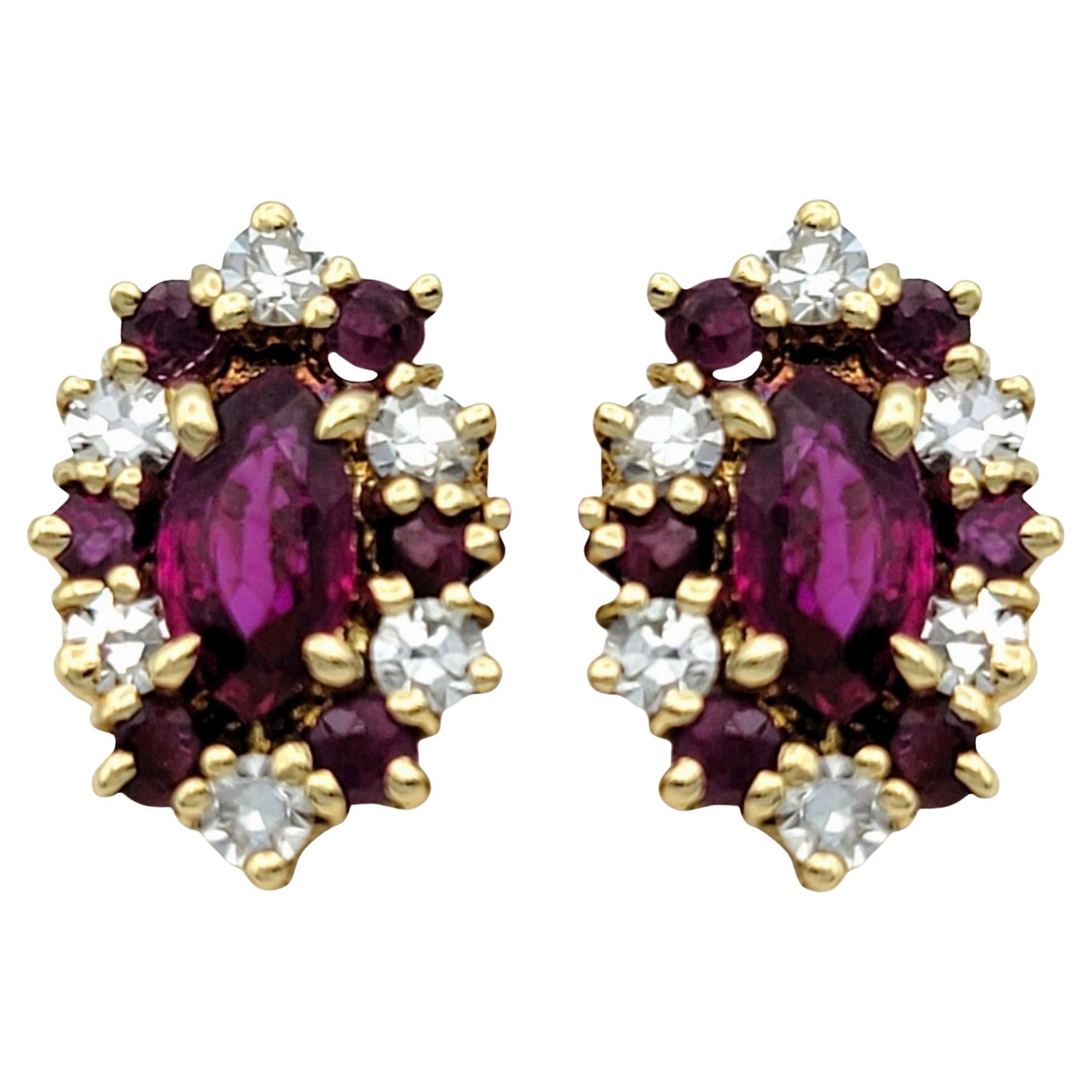 Marquise Shaped Ruby and Diamond Halo Stud Earrings in 14 Karat Yellow Gold For Sale
