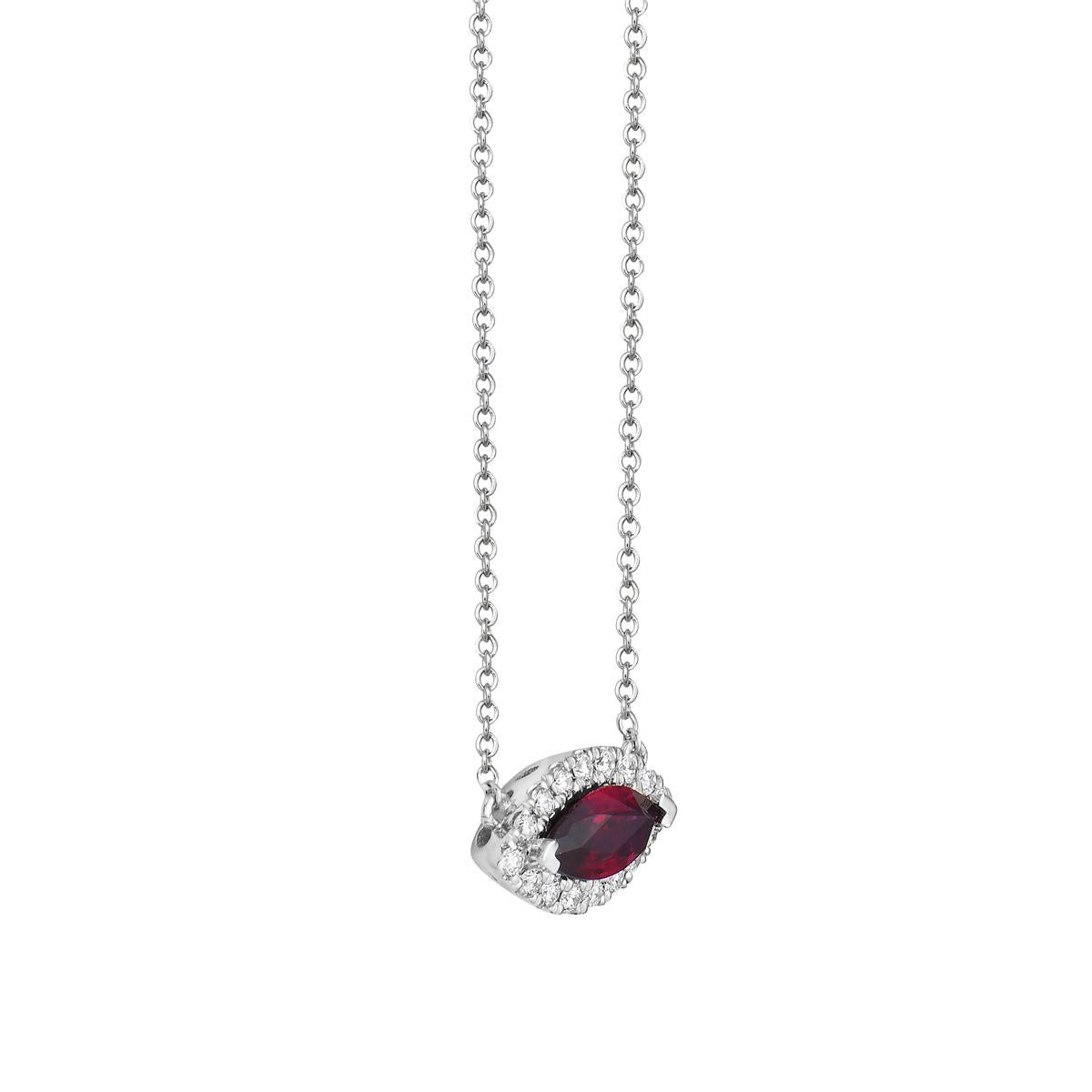 With this exquisite marquise-shaped ruby and diamond necklace, style and glamour are in the spotlight. This 18-karat diamond and ruby necklace is made from 0.9 grams of gold. This necklace is adorned with VS2, G color diamonds, made out of 16