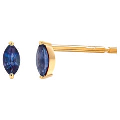 Marquise Shaped Sapphire Yellow Gold Mini Stud Earrings Second or Third Hole